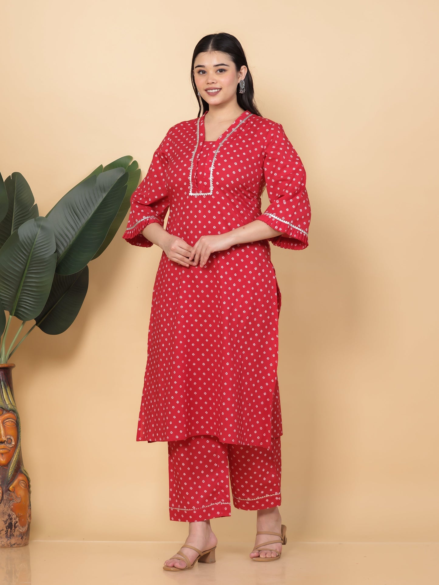 Soft Cotton Bandhani Straight Red Kurta