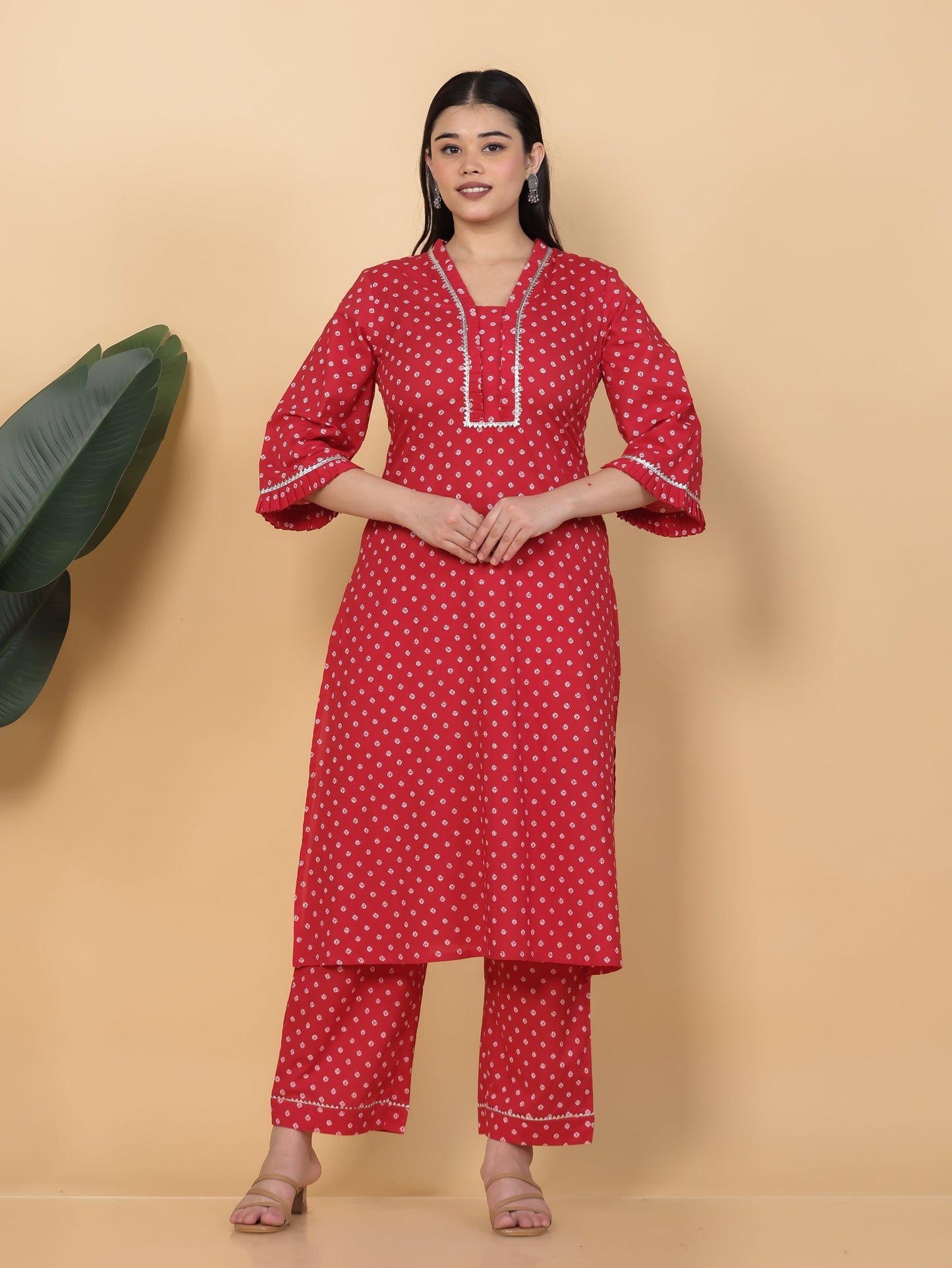 Soft Cotton Bandhani Straight Red Kurta