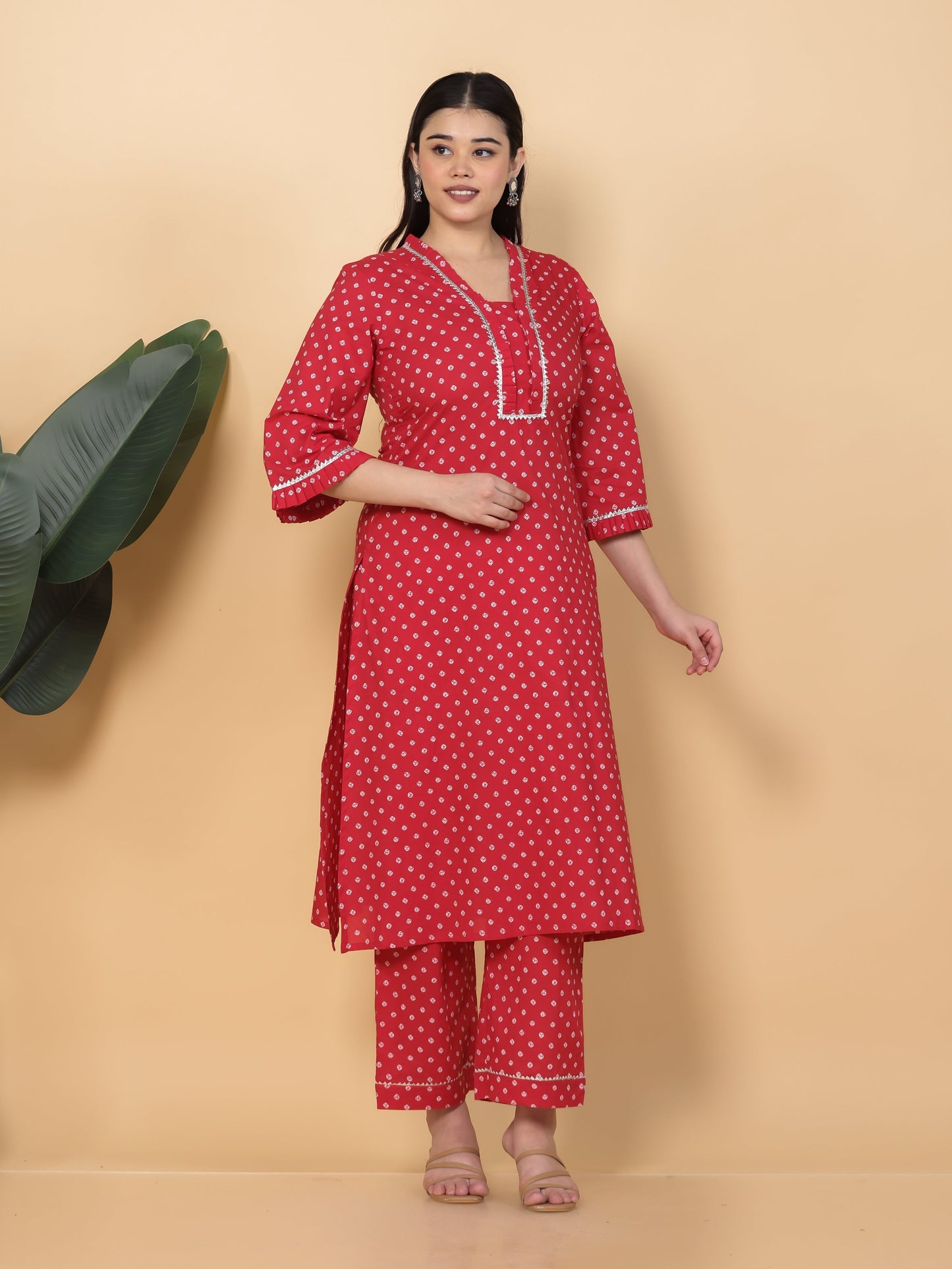 Soft Cotton Bandhani Straight Red Kurta
