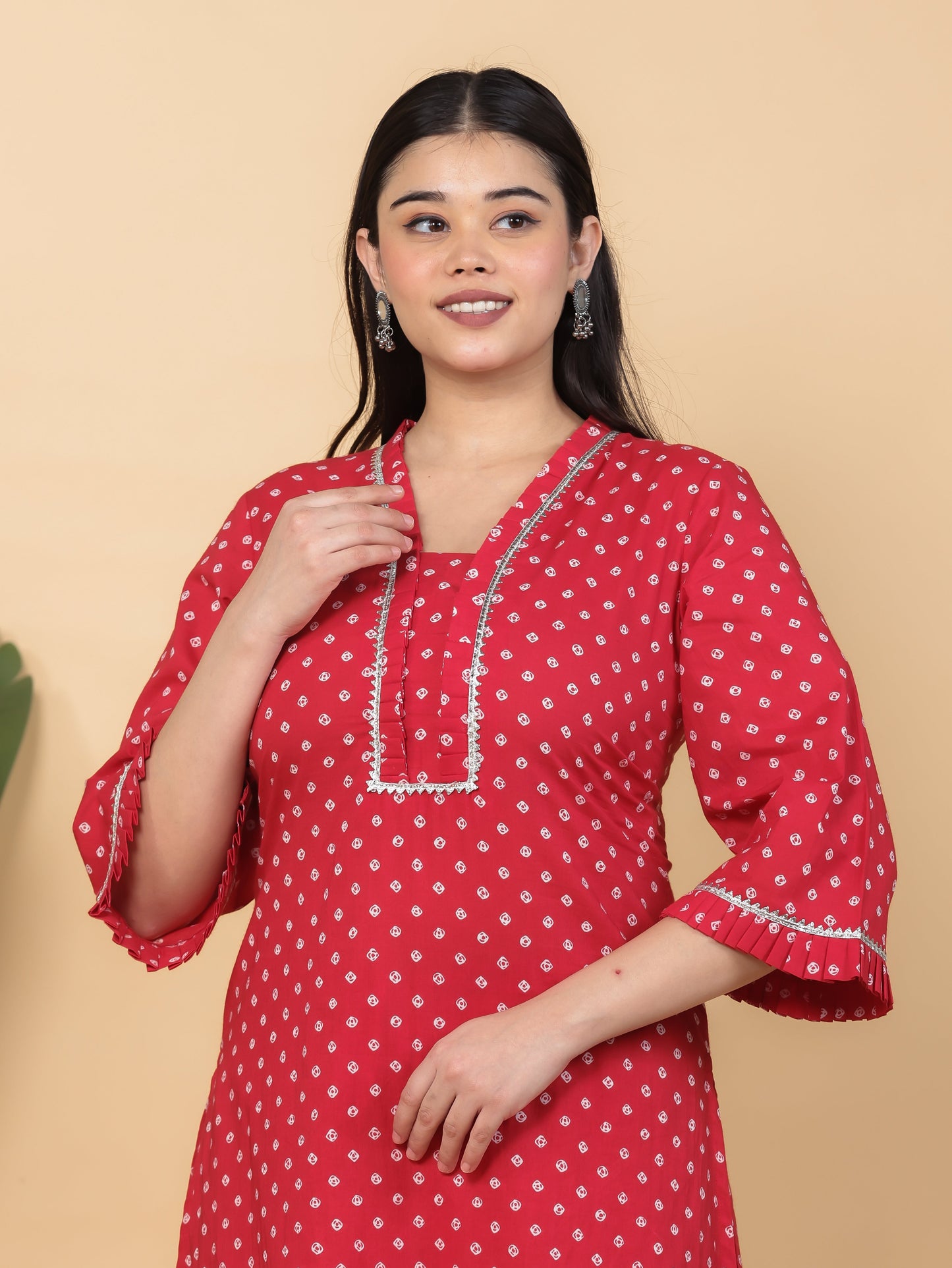 Soft Cotton Bandhani Straight Red Kurta