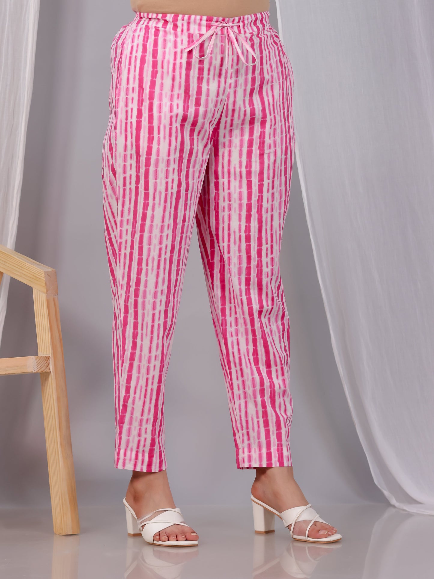 Soft Cotton Striped Pink Tapered Tapered Trousers