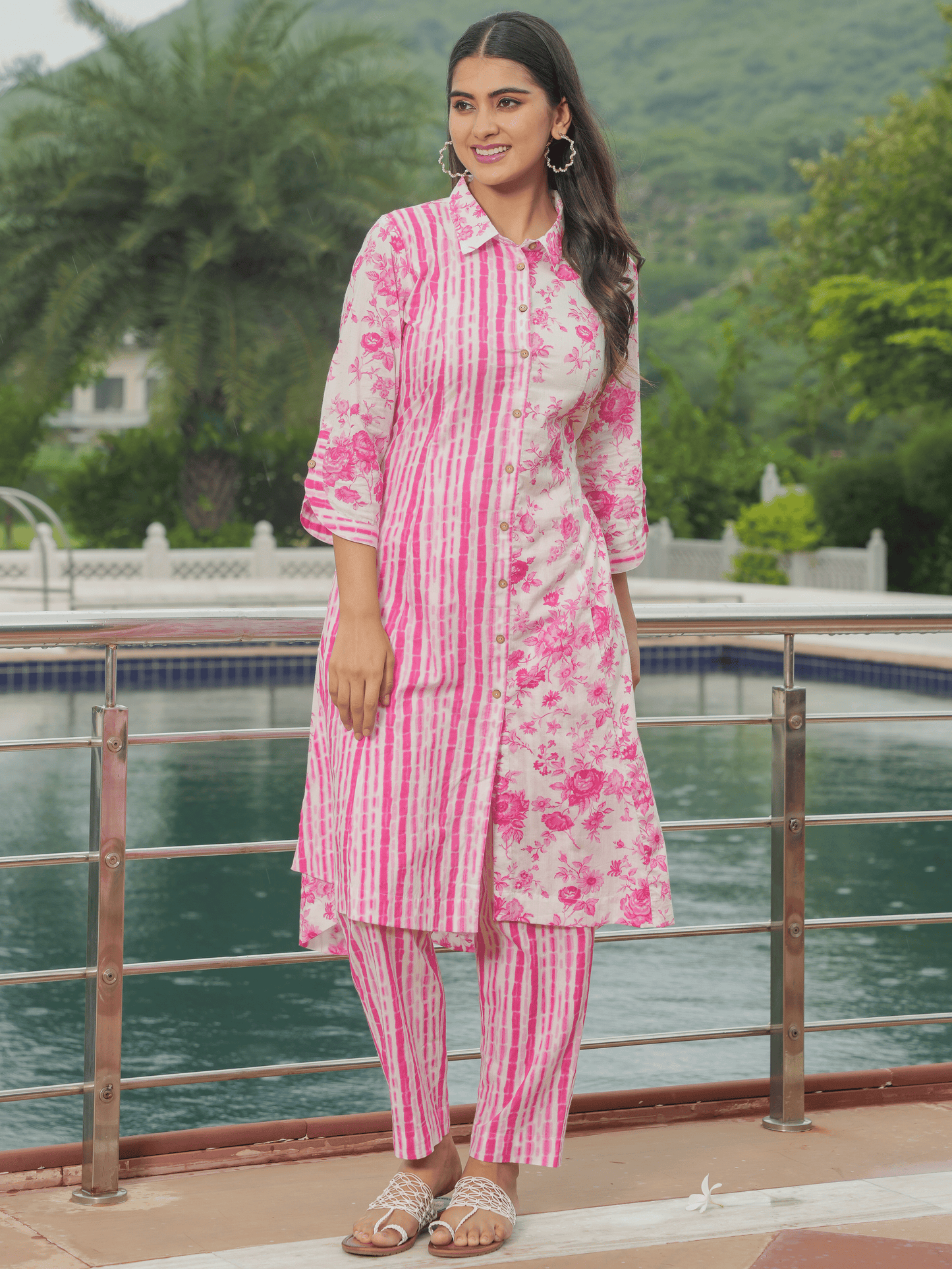 Soft Cotton Floral High Low Pink Kurta