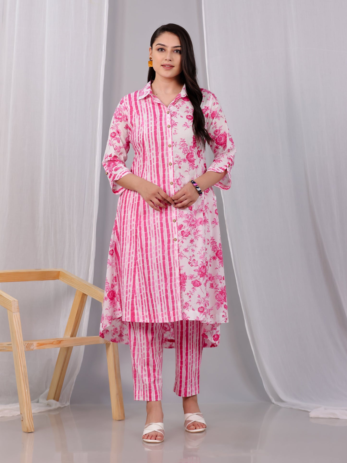 Soft Cotton Floral High Low Pink Kurta
