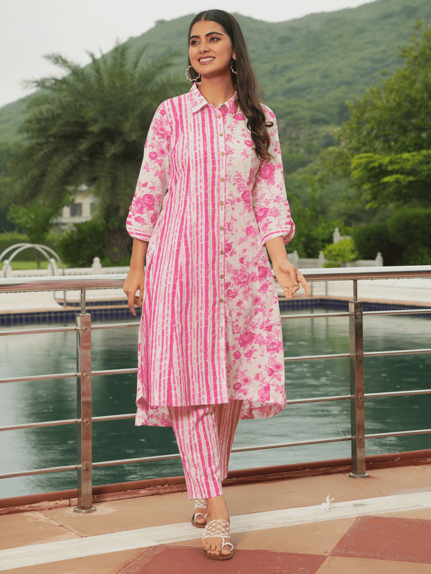 Soft Cotton Floral High Low Pink Kurta