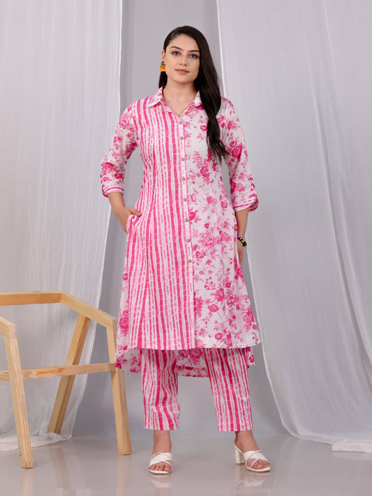 Soft Cotton Floral High Low Pink Kurta
