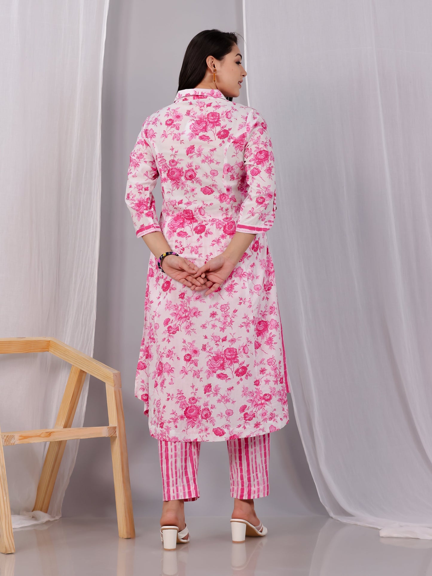 Soft Cotton Floral High Low Pink Kurta