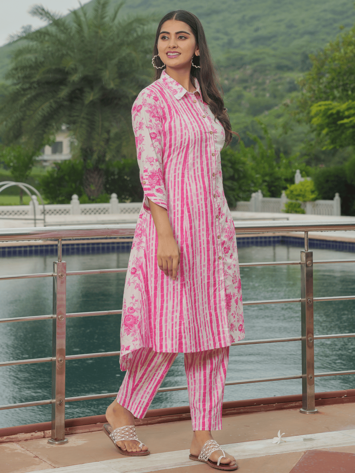 Soft Cotton Floral High Low Pink Kurta