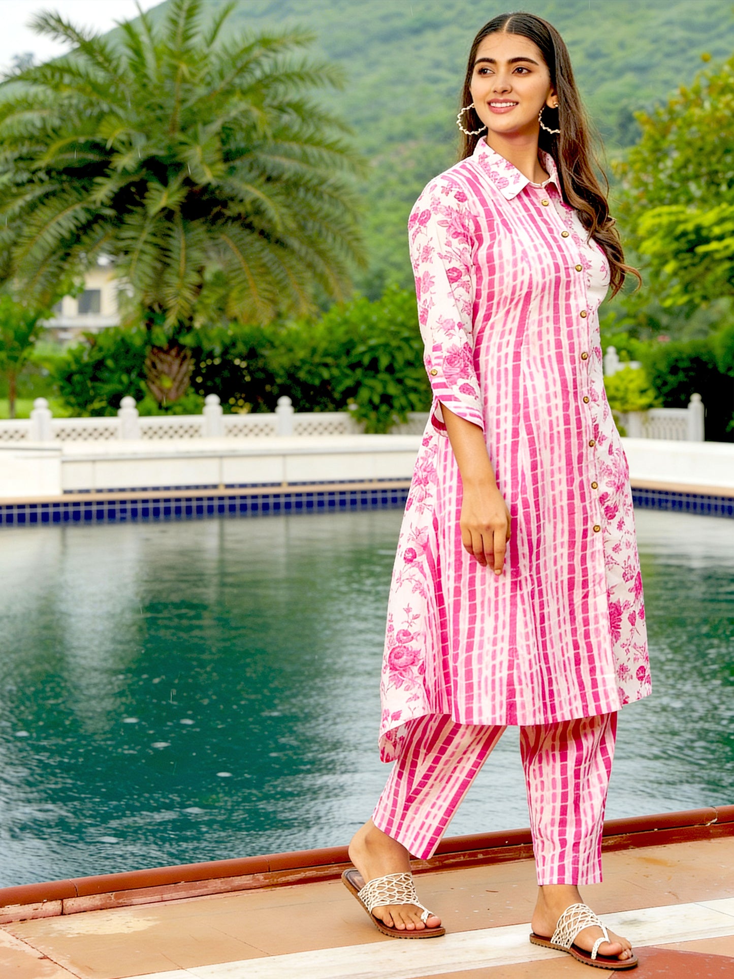 Soft Cotton Floral High Low Pink Kurta