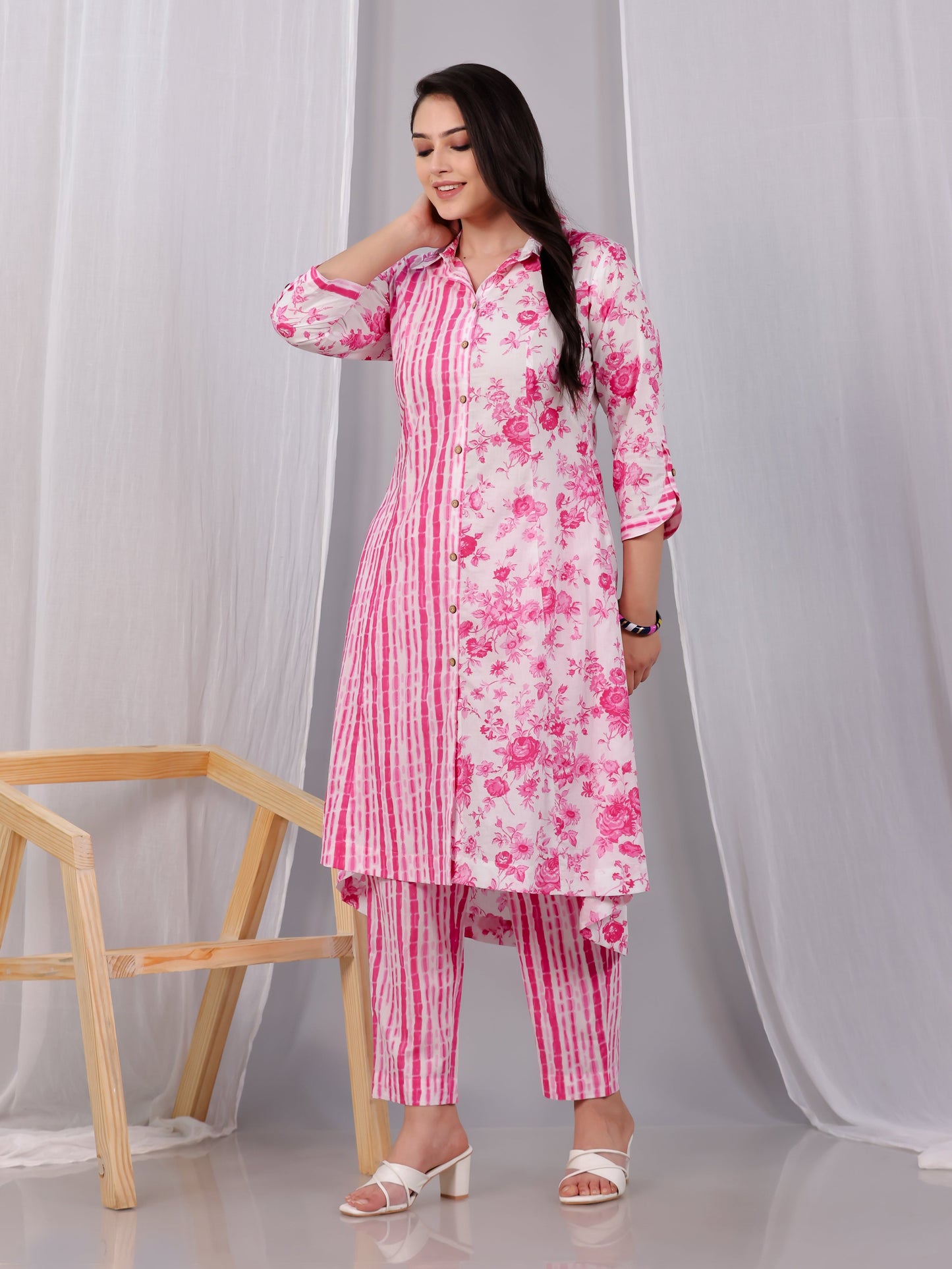 Soft Cotton Floral High Low Pink Kurta