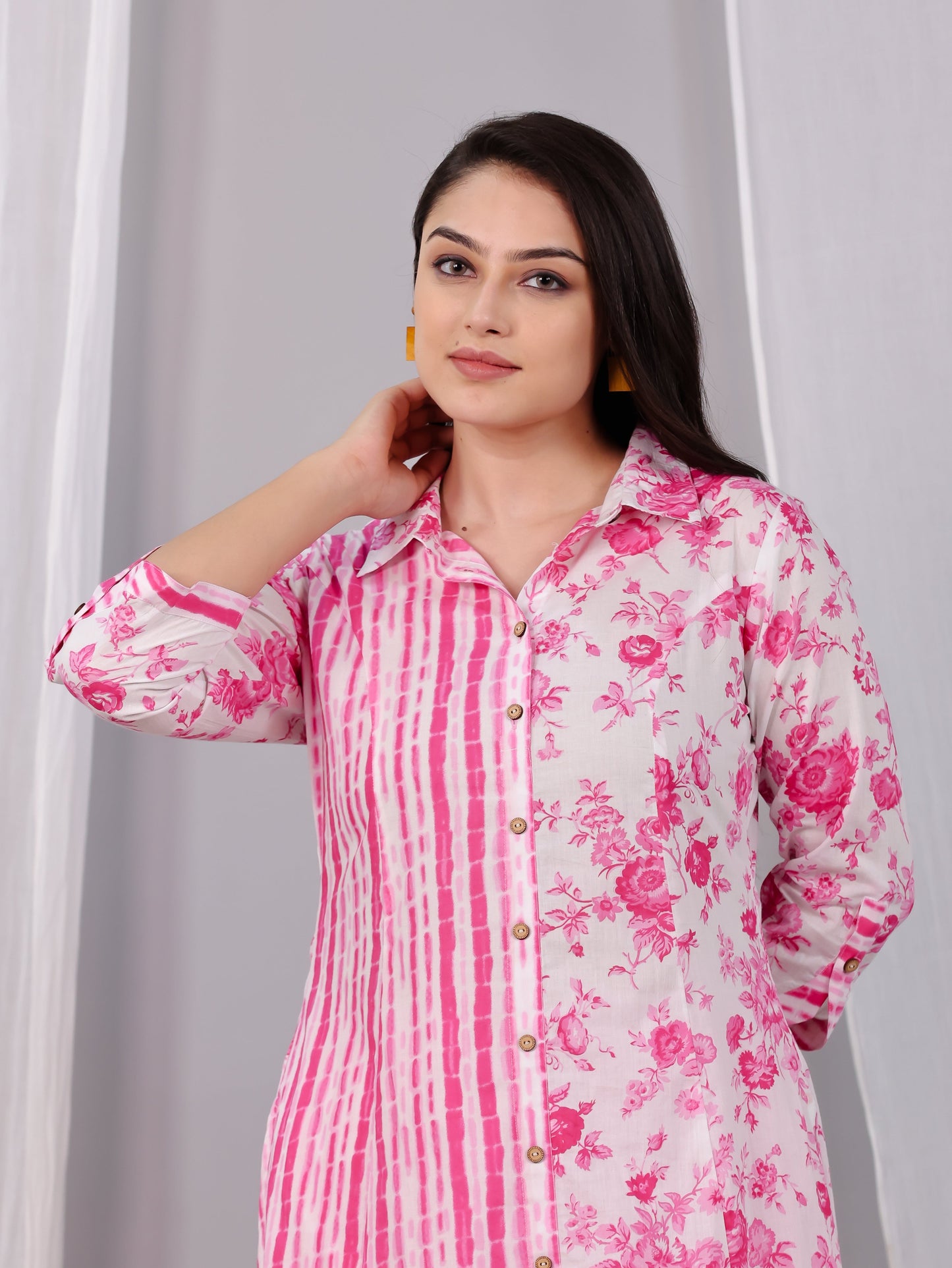 Soft Cotton Floral High Low Pink Kurta