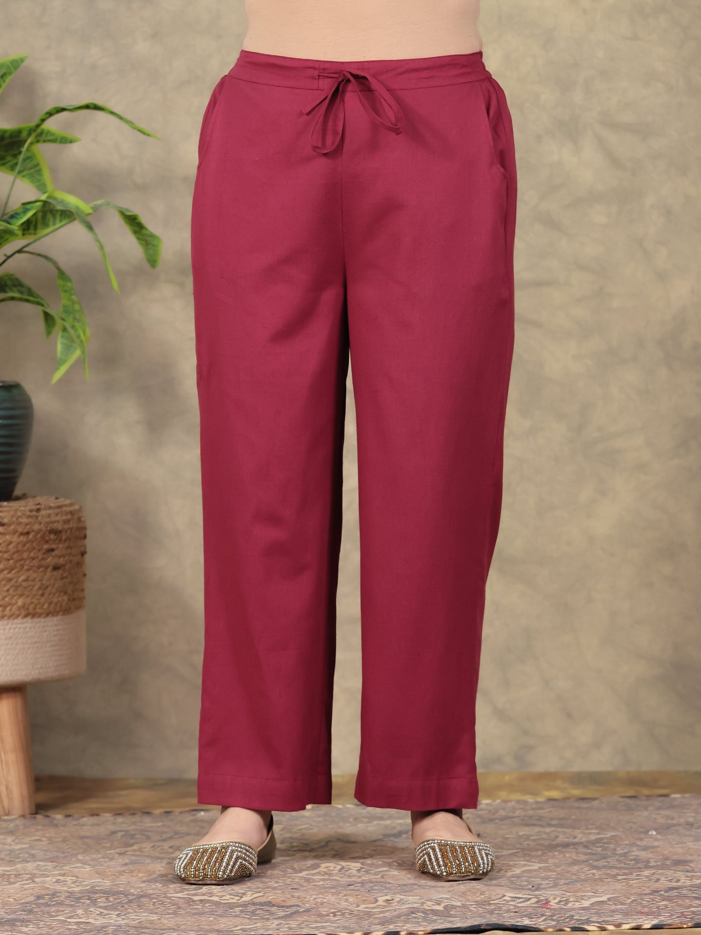 Linen Cotton Solid Rust Straight Trousers