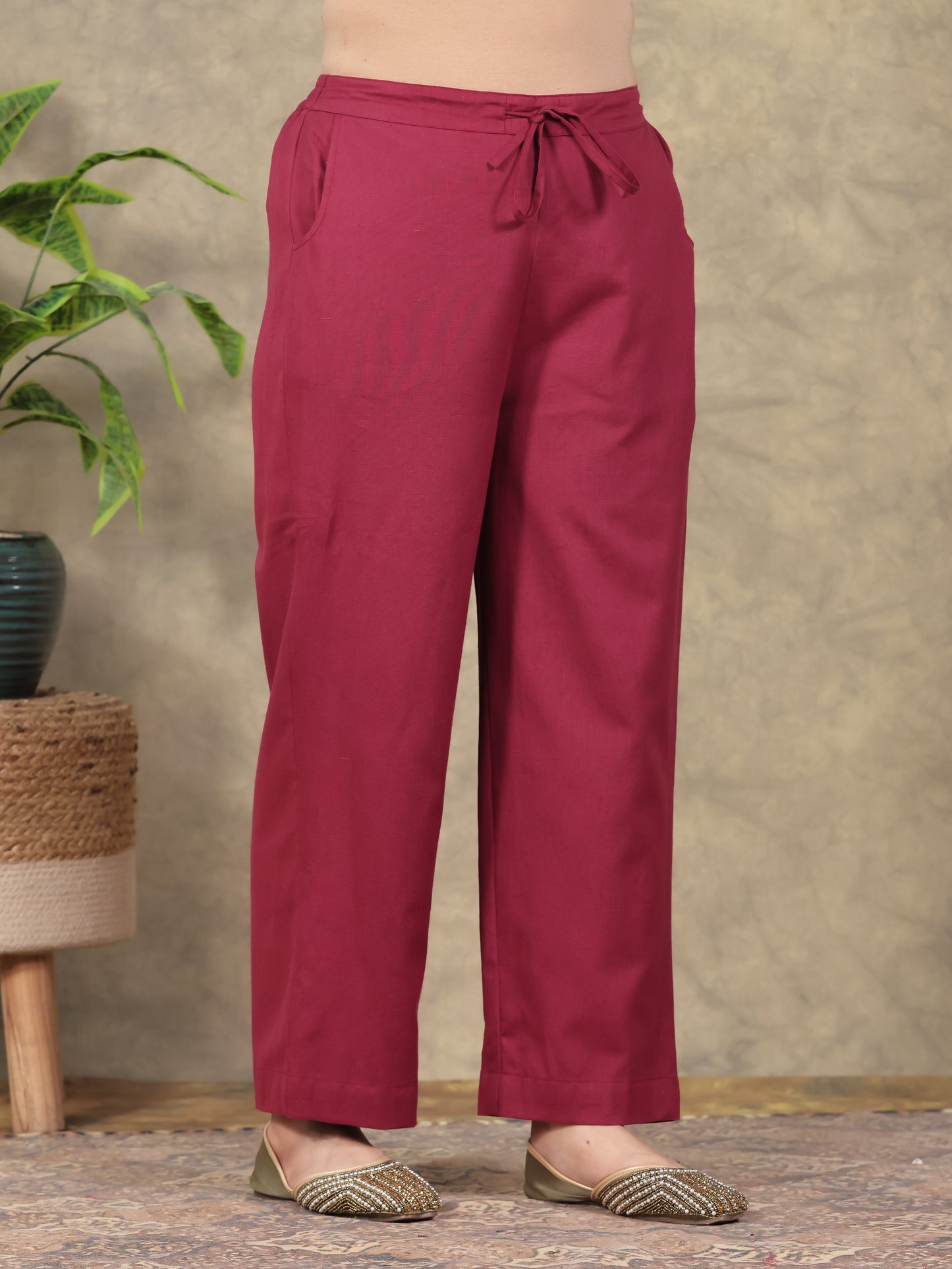 Linen Cotton Solid Rust Straight Trousers