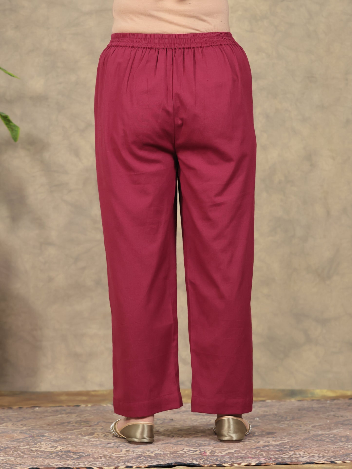 Linen Cotton Solid Rust Straight Trousers