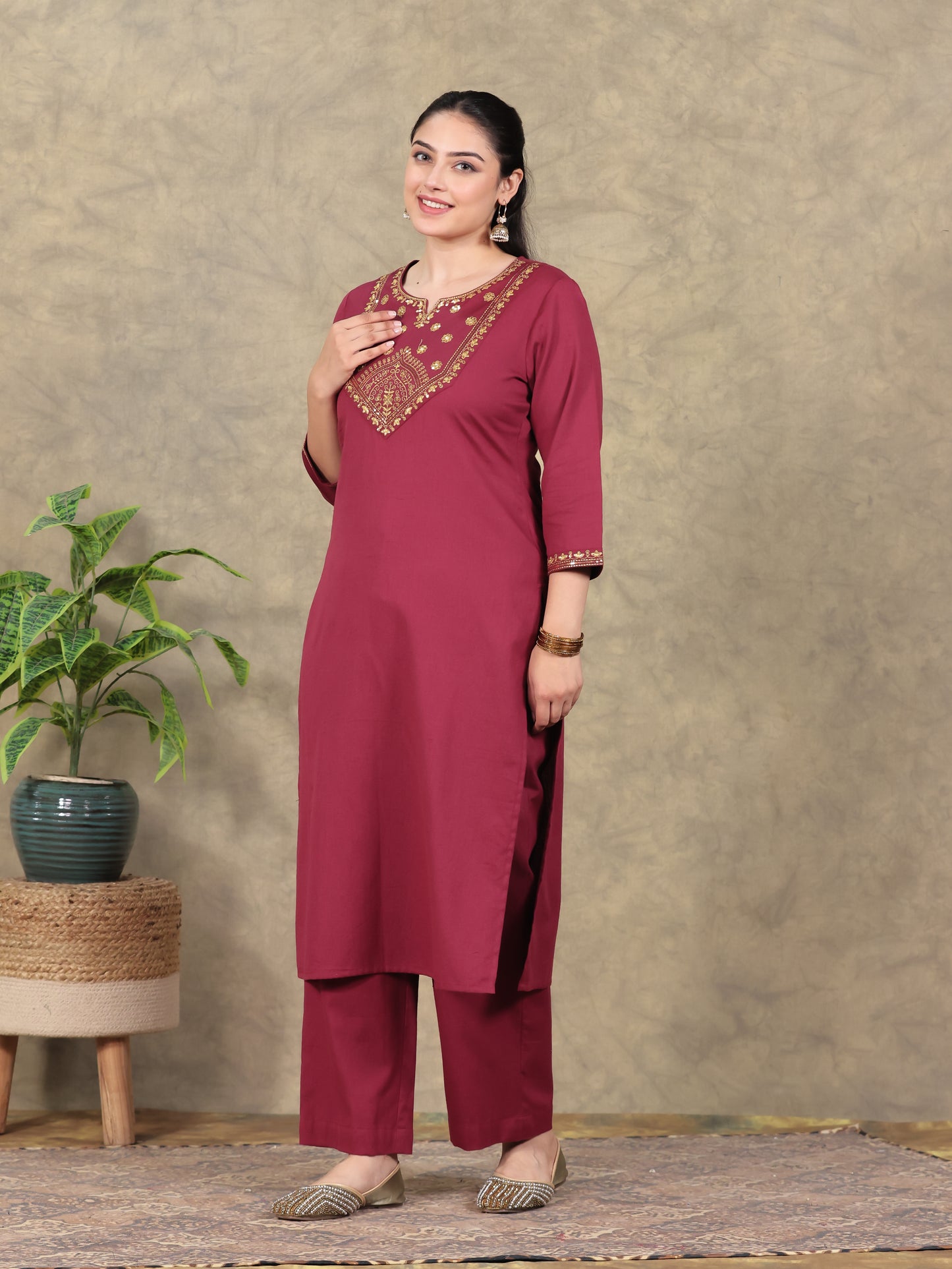 Embroidered Linen Cotton Solid Straight Rust Kurta