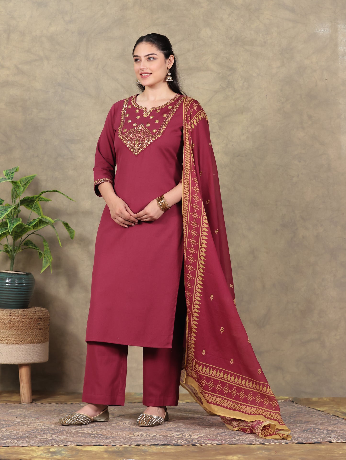 Embroidered Linen Cotton Solid Straight Rust Kurta