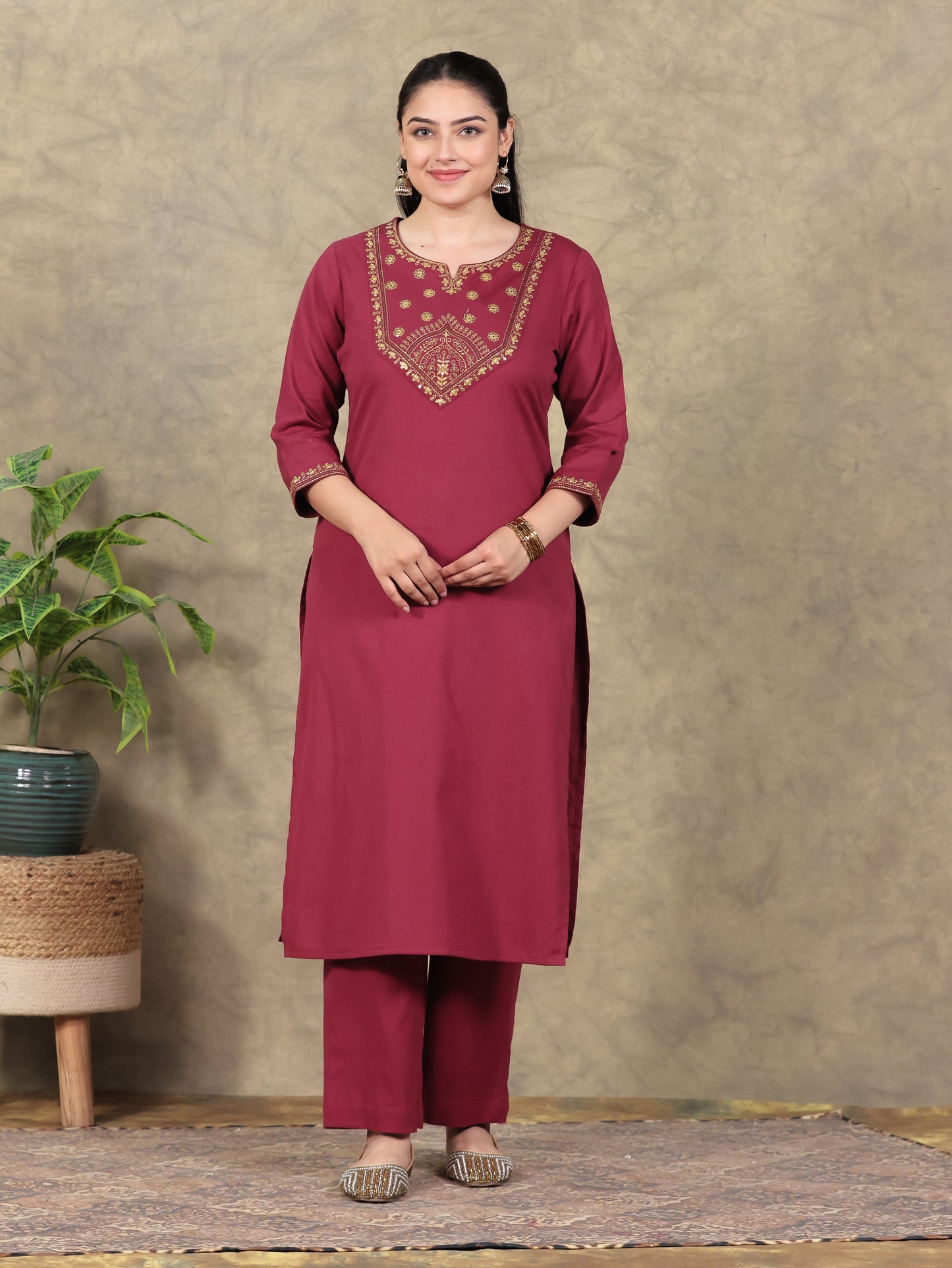 Embroidered Linen Cotton Solid Straight Rust Kurta