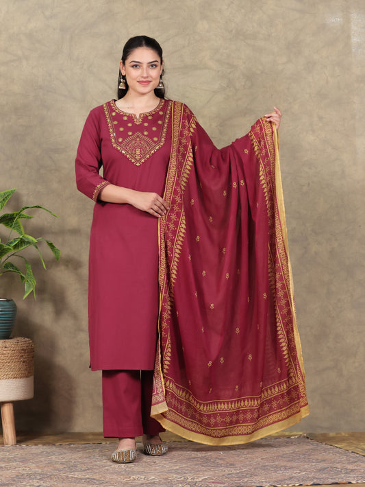 Embroidered Linen Cotton Solid Straight Rust Kurta