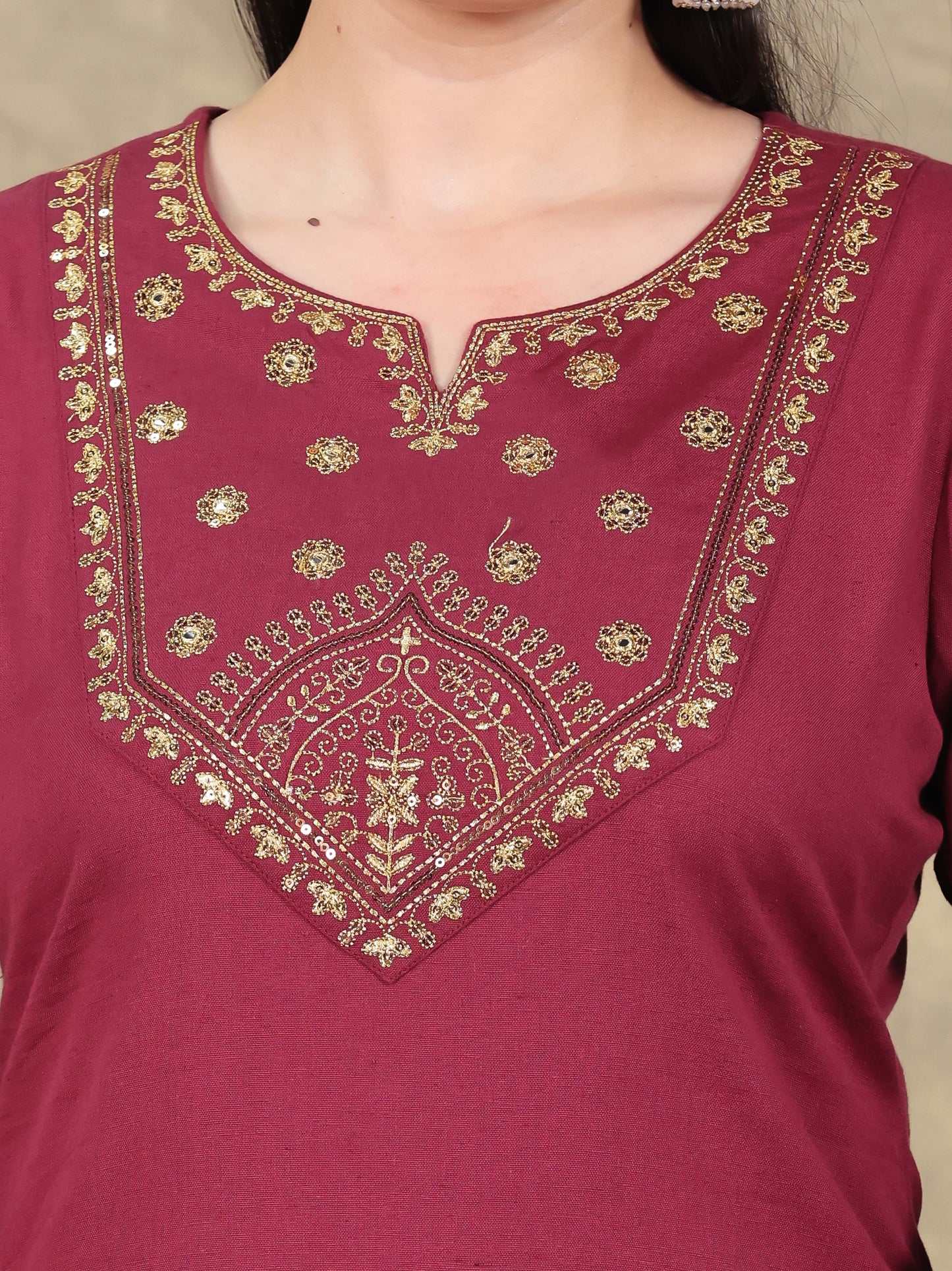 Embroidered Linen Cotton Solid Straight Rust Kurta