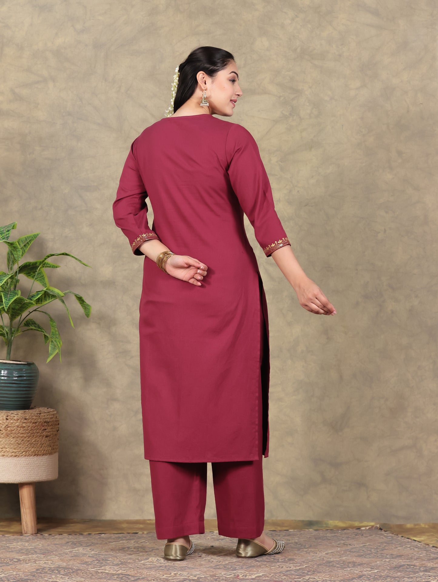 Embroidered Linen Cotton Solid Straight Rust Kurta