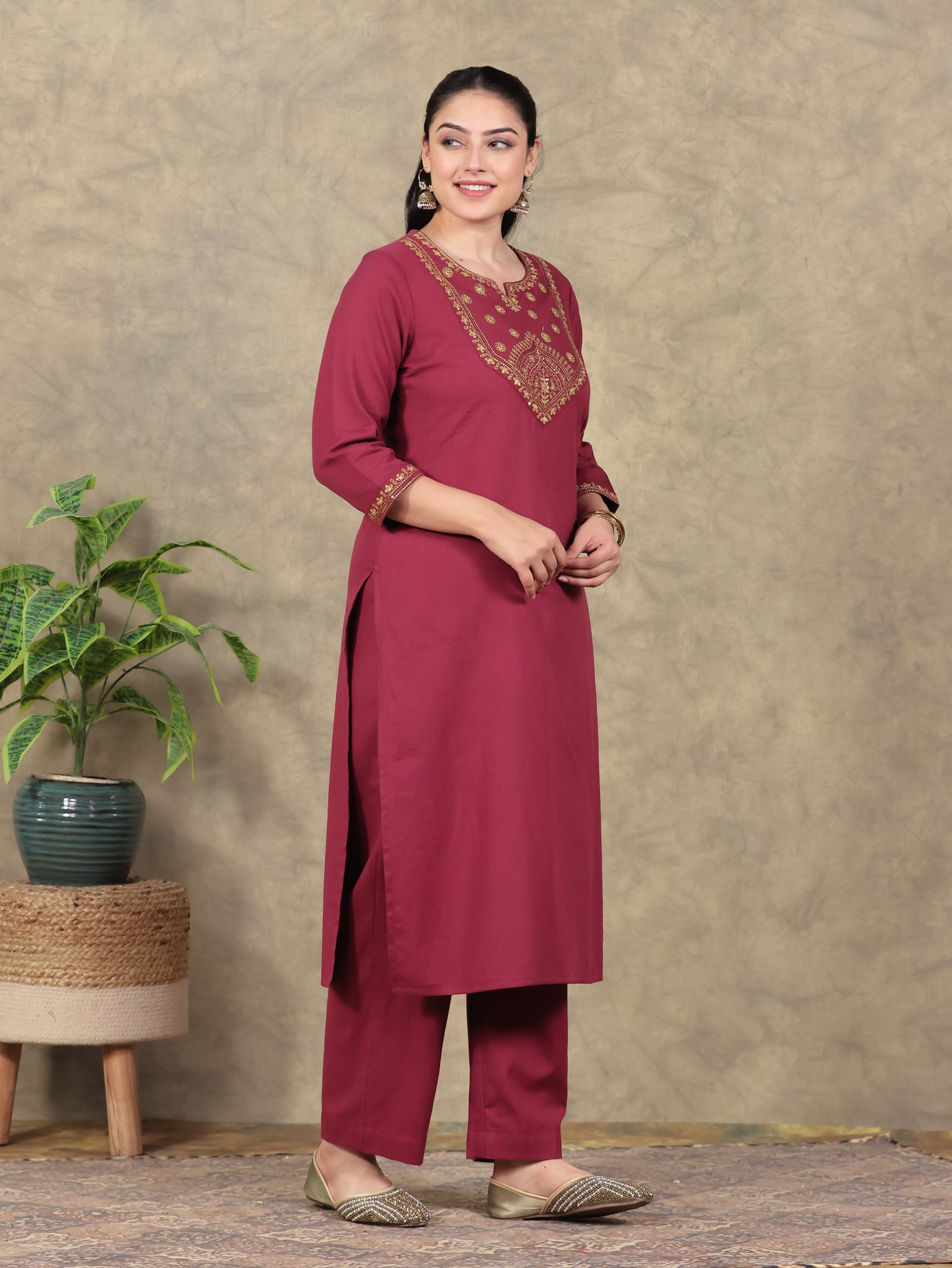 Embroidered Linen Cotton Solid Straight Rust Kurta
