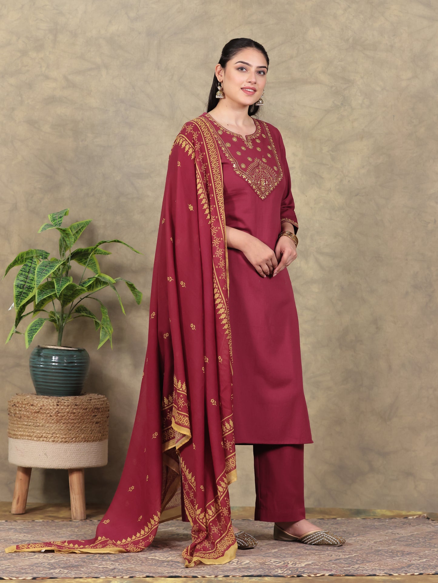 Embroidered Linen Cotton Solid Straight Rust Kurta