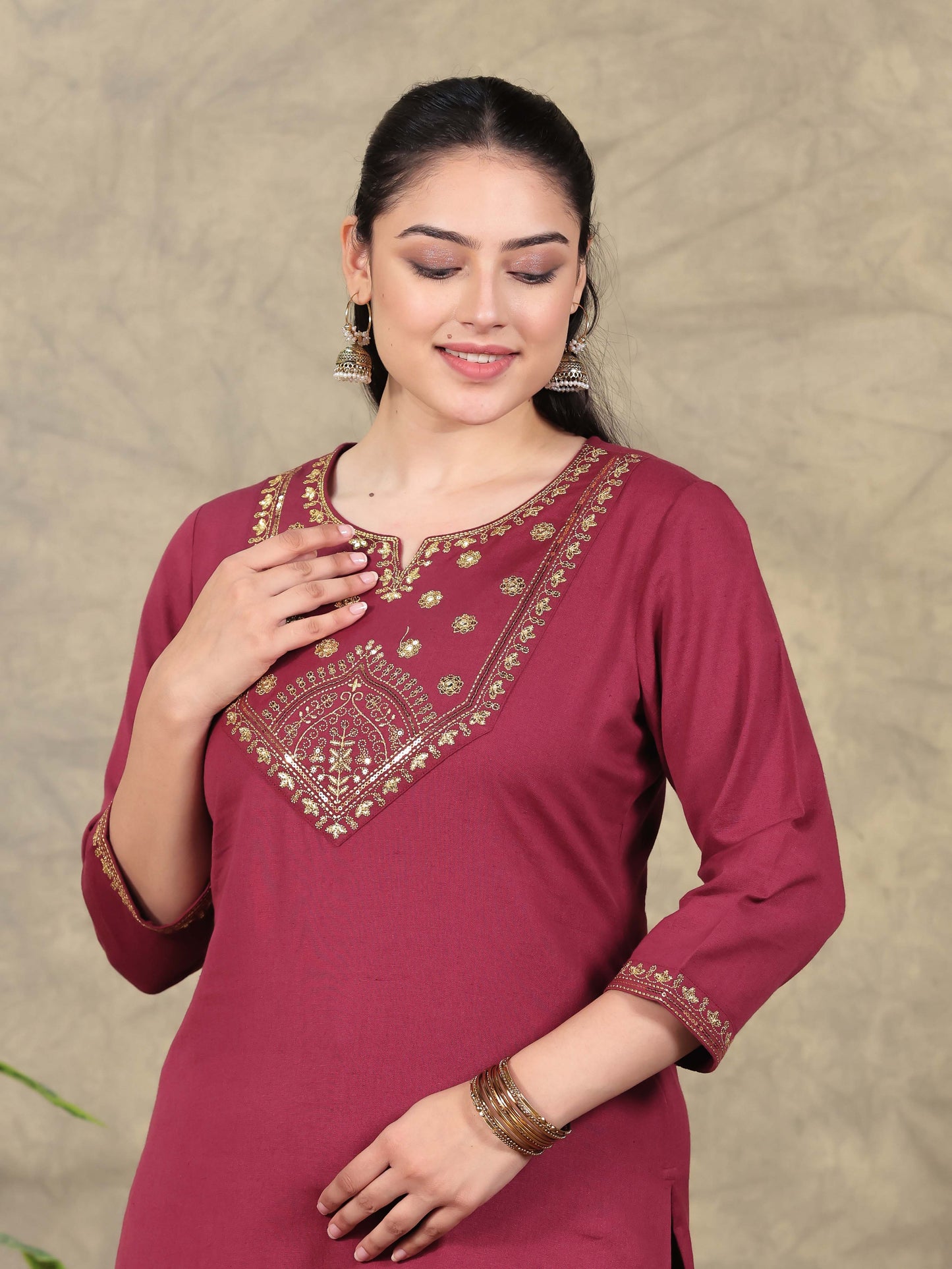 Embroidered Linen Cotton Solid Straight Rust Kurta