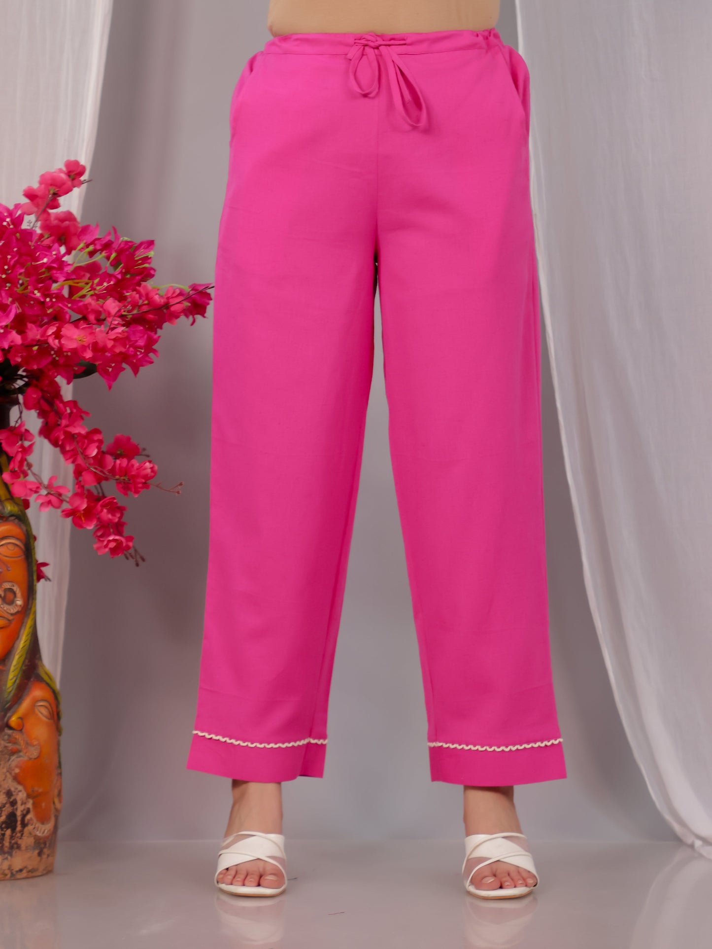 Linen Cotton Solid Pink Straight Straight Trousers