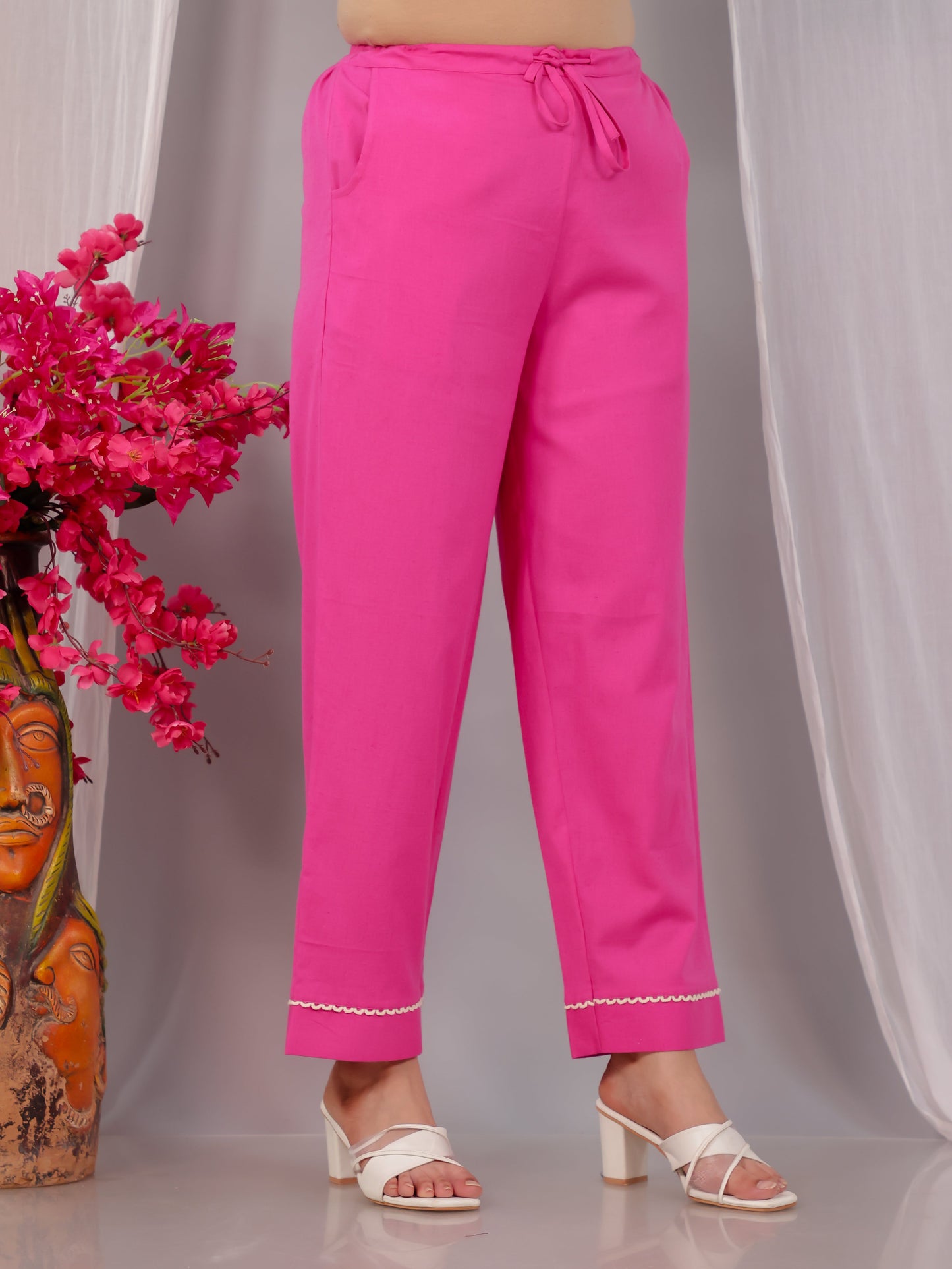 Linen Cotton Solid Pink Straight Straight Trousers