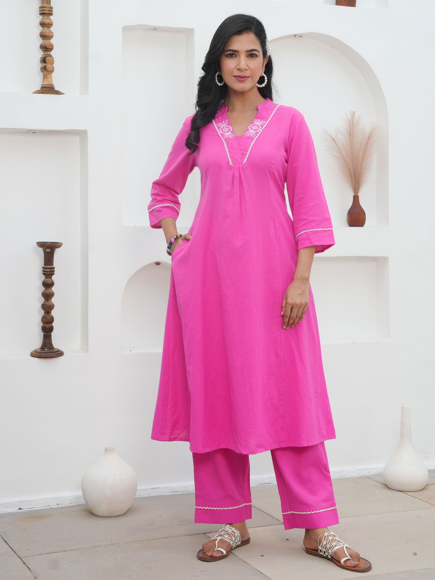 Embroidered Linen Cotton Solid Flared Pink Kurta