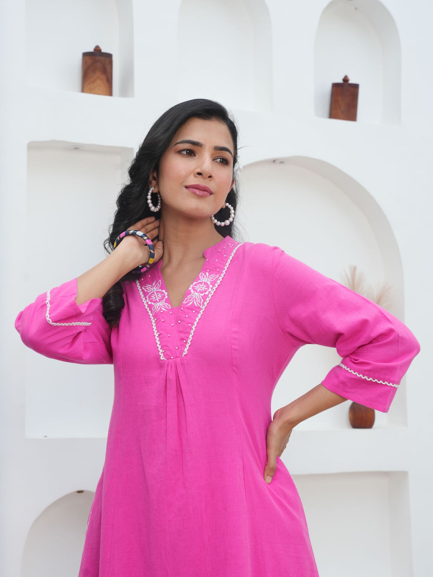 Embroidered Linen Cotton Solid Flared Pink Kurta