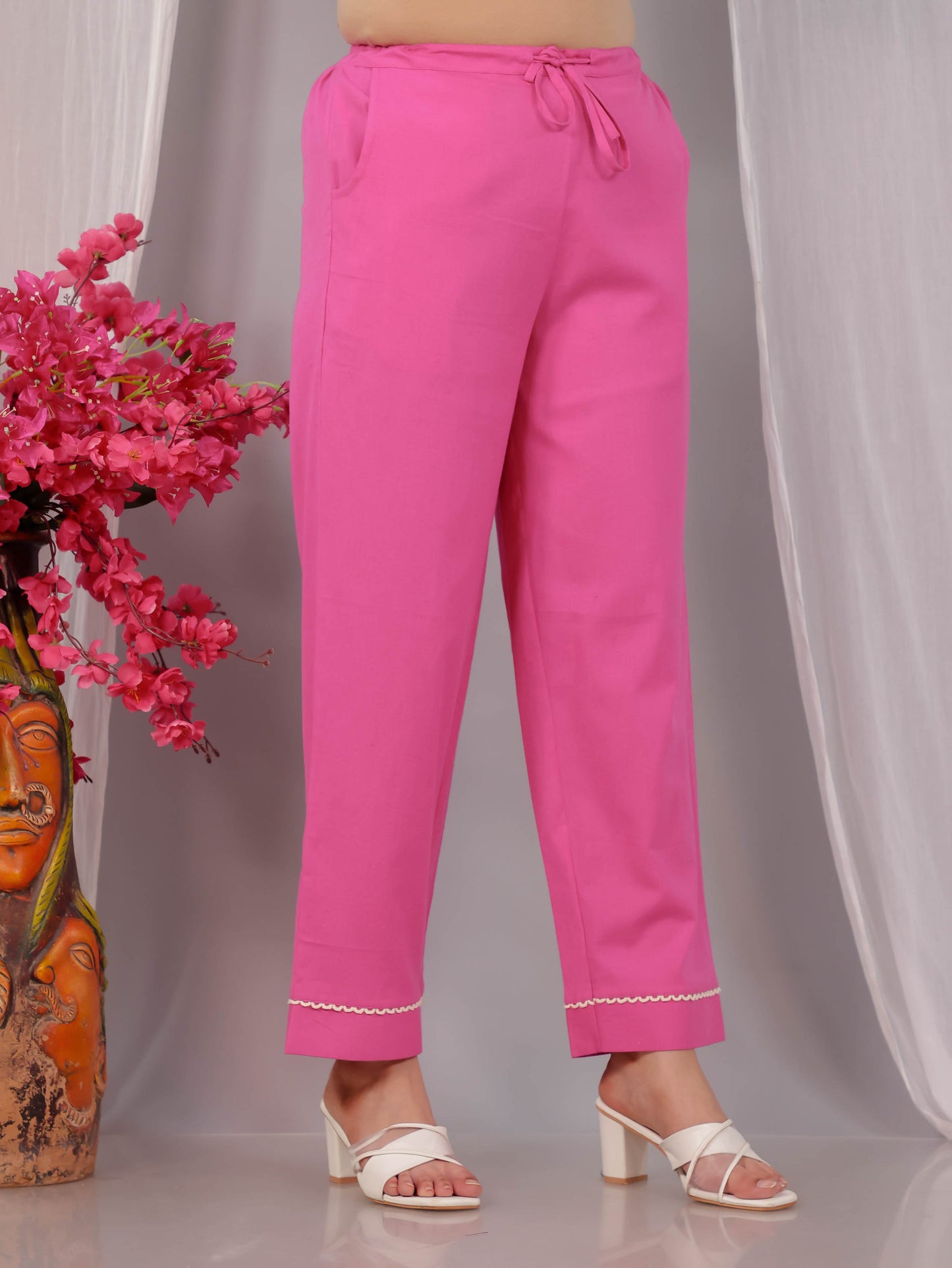 Embroidered Linen Cotton Solid Flared Pink Kurta