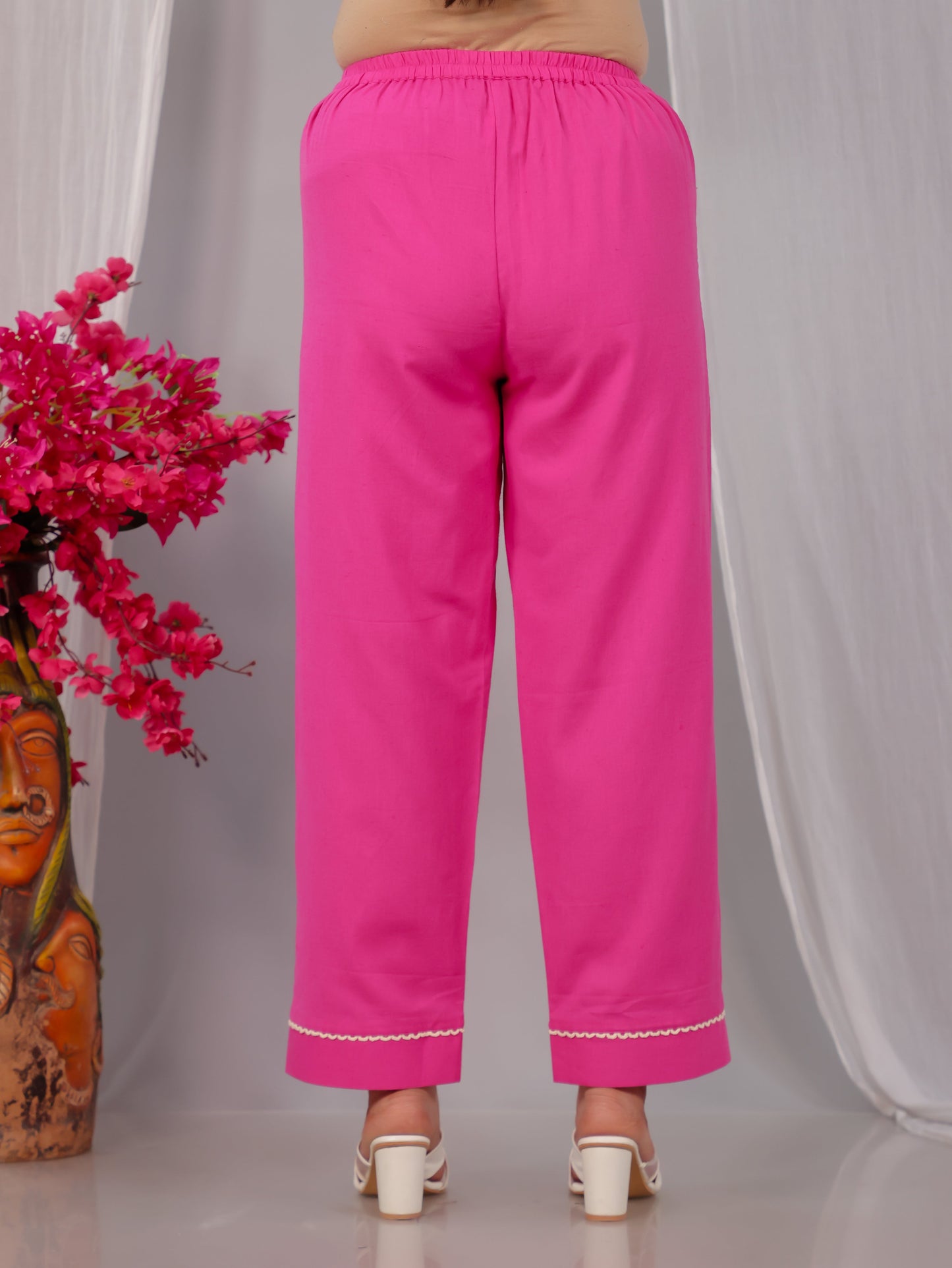 Embroidered Linen Cotton Solid Flared Pink Kurta