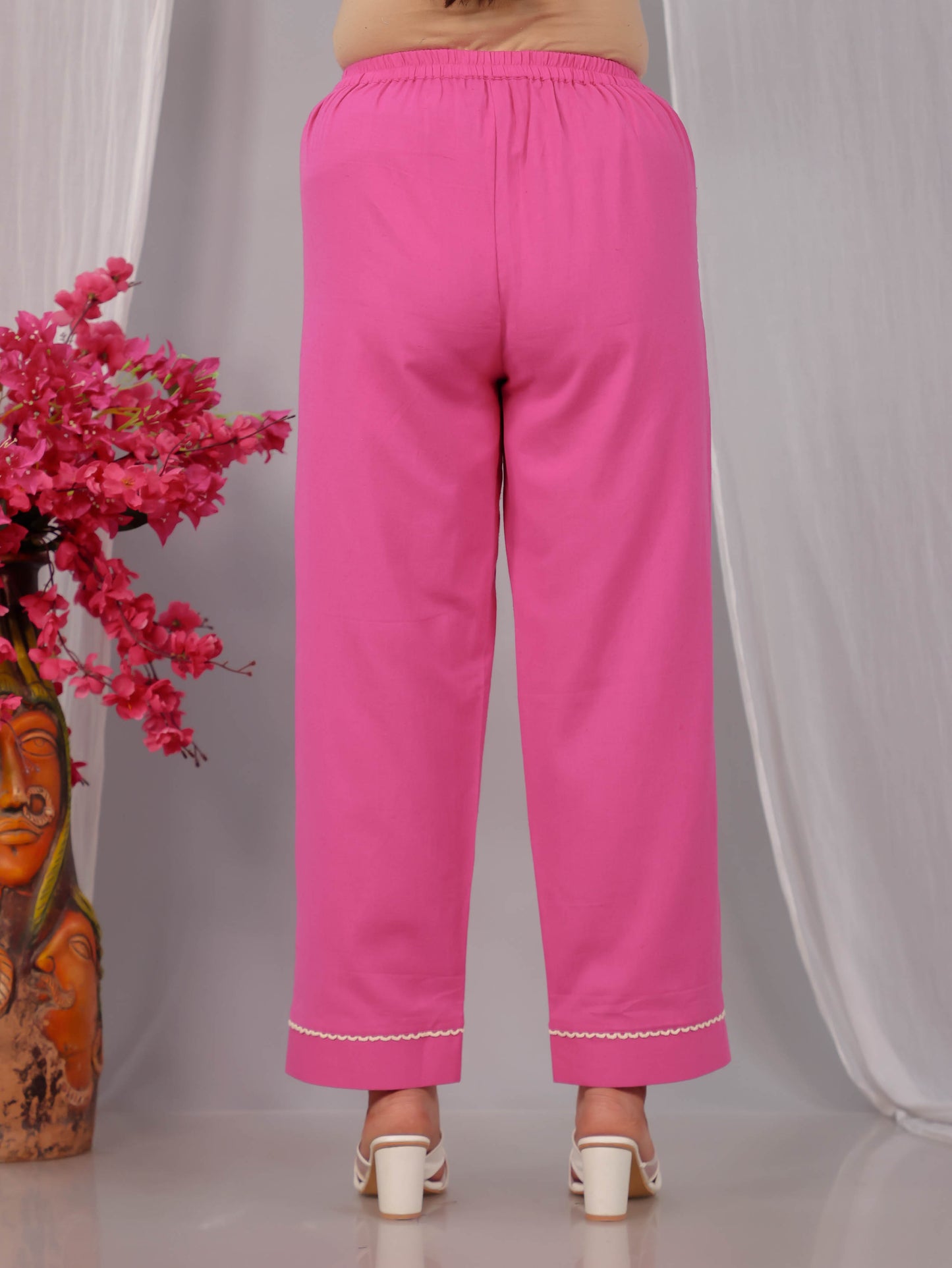 Embroidered Linen Cotton Solid Flared Pink Kurta