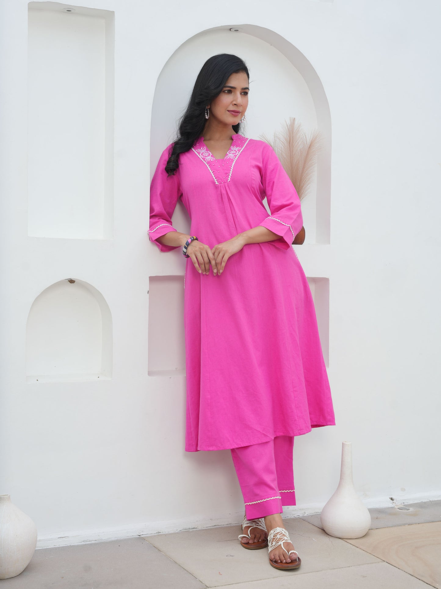 Embroidered Linen Cotton Solid Flared Pink Kurta