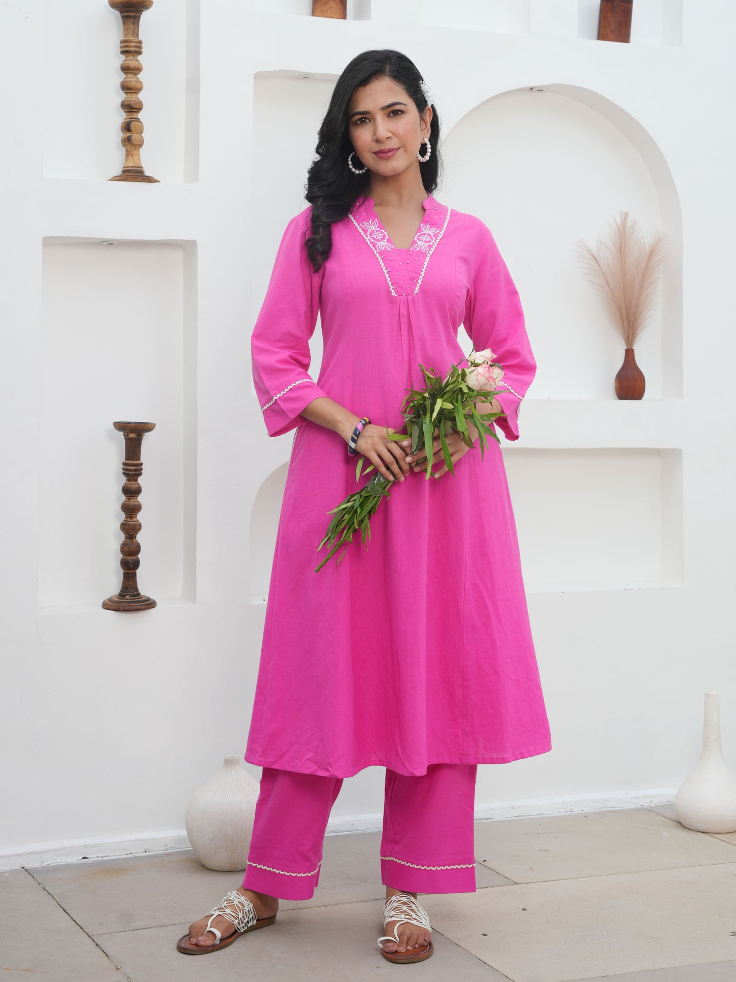 Embroidered Linen Cotton Solid Flared Pink Kurta