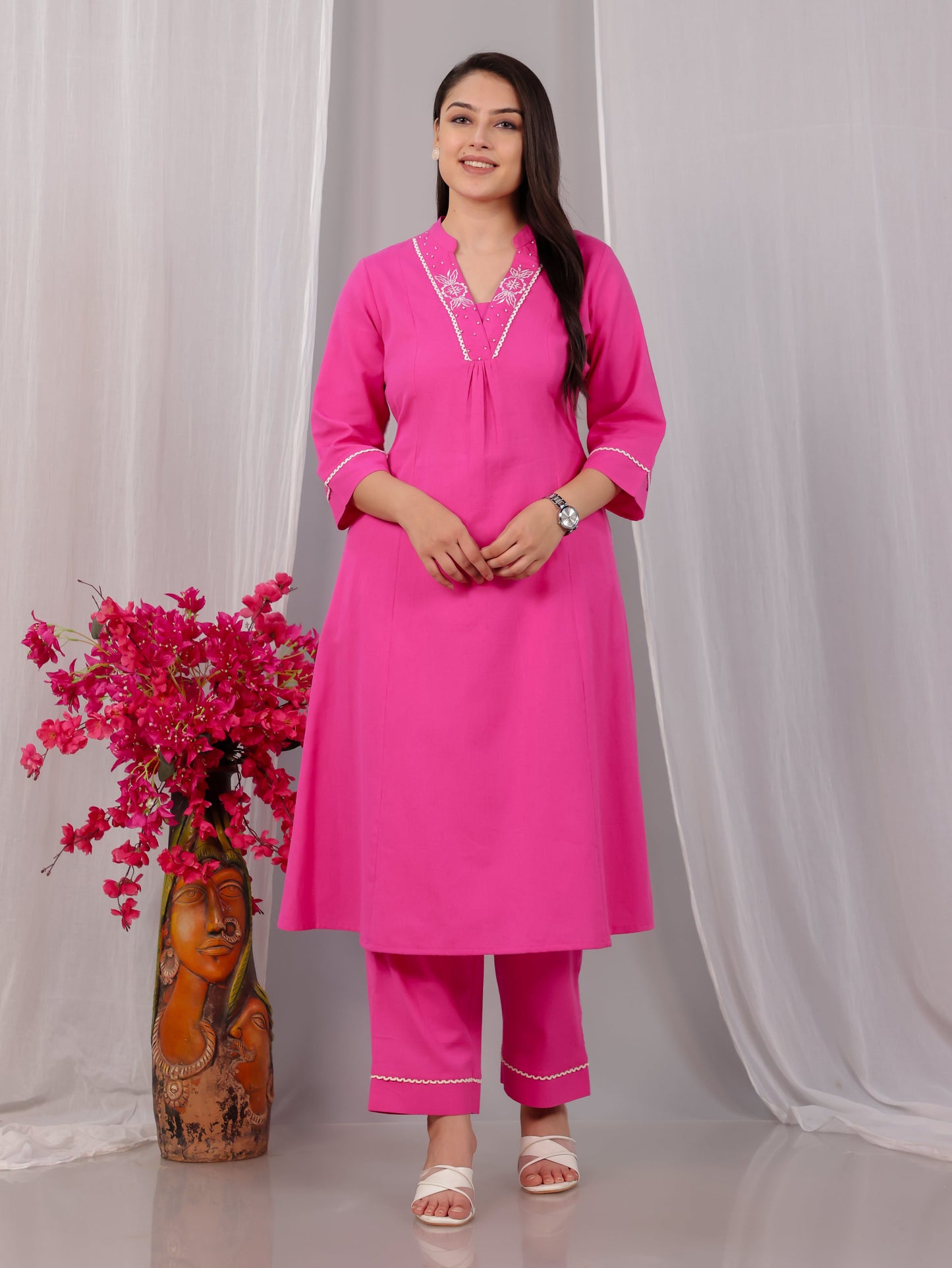 Embroidered Linen Cotton Solid Flared Pink Kurta