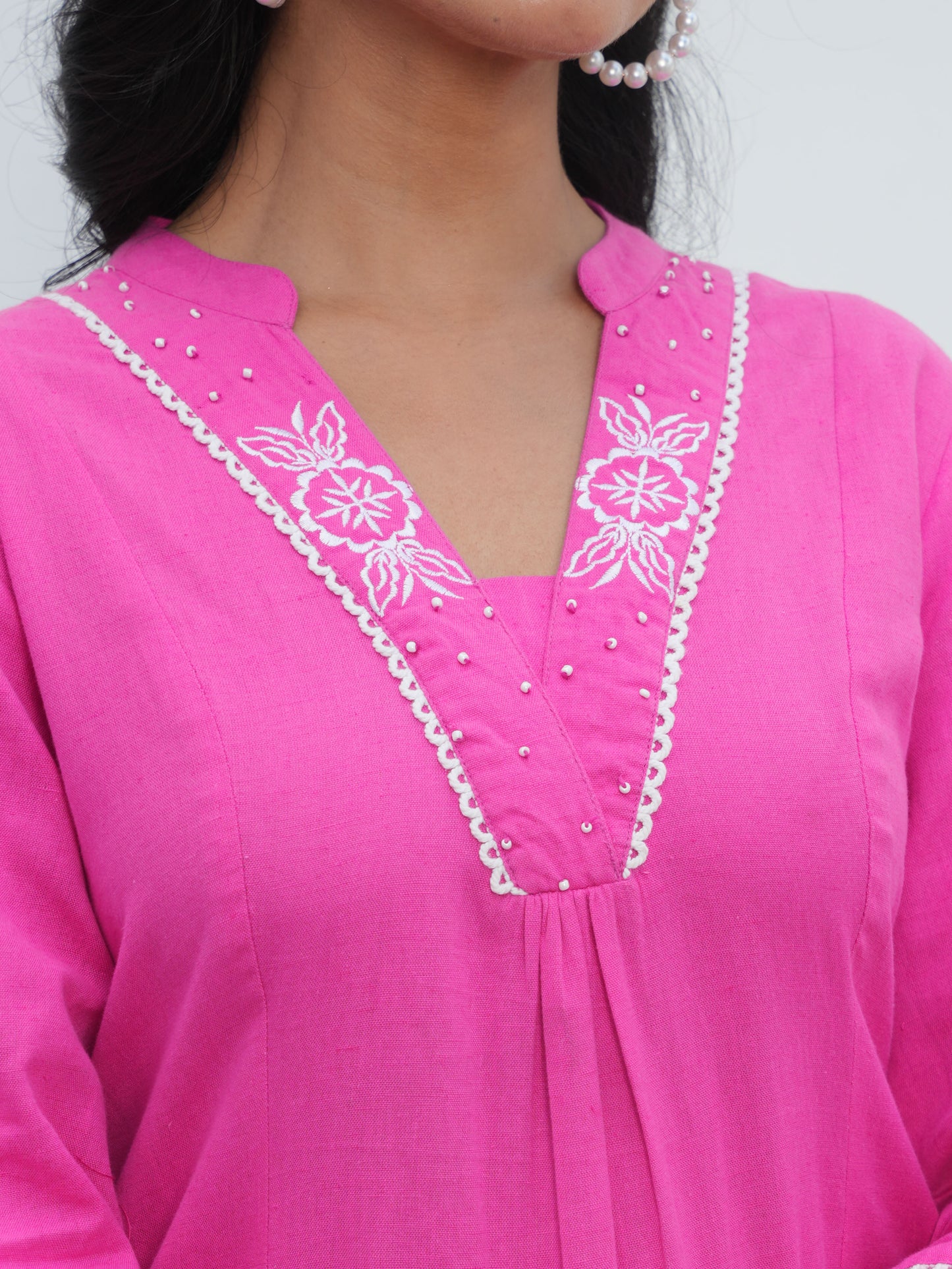 Embroidered Linen Cotton Solid Flared Pink Kurta