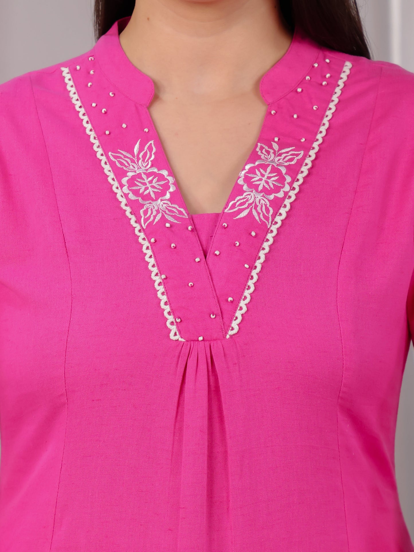 Embroidered Linen Cotton Solid Flared Pink Kurta