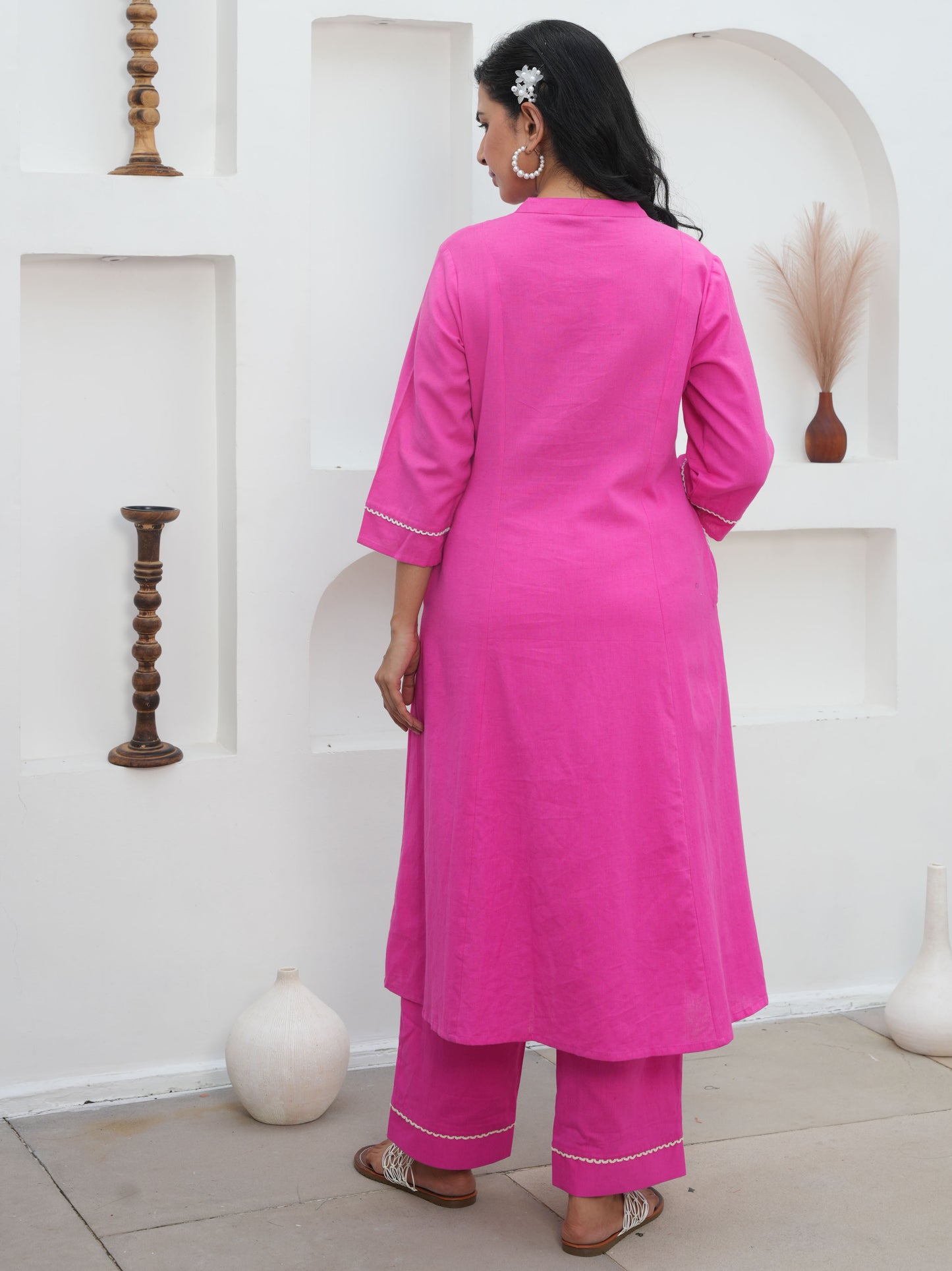 Embroidered Linen Cotton Solid Flared Pink Kurta