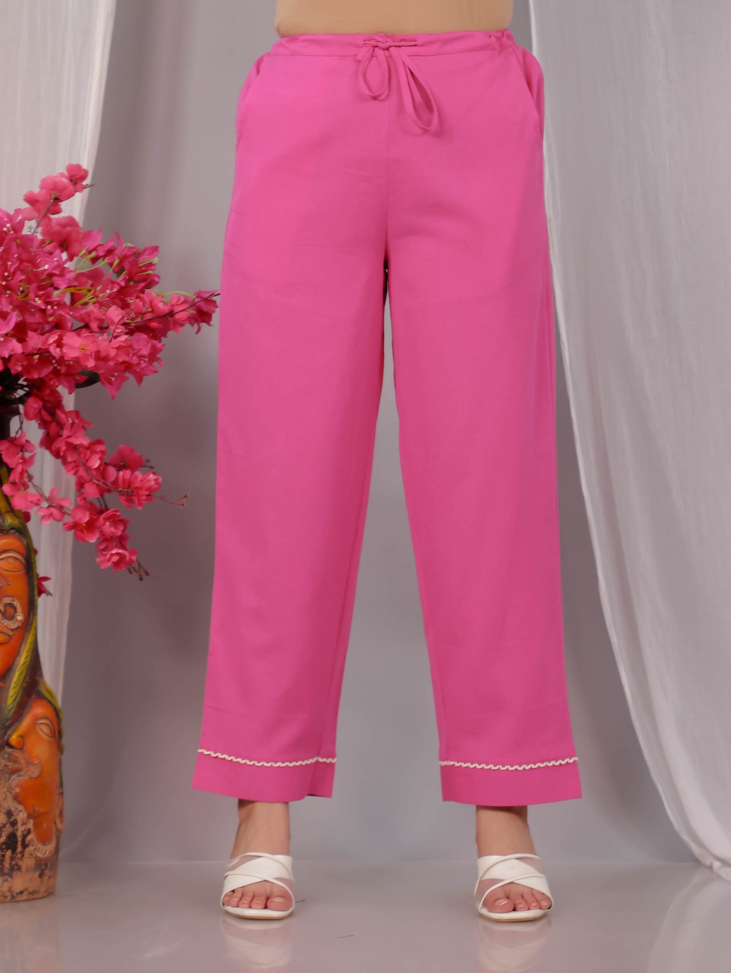 Embroidered Linen Cotton Solid Flared Pink Kurta