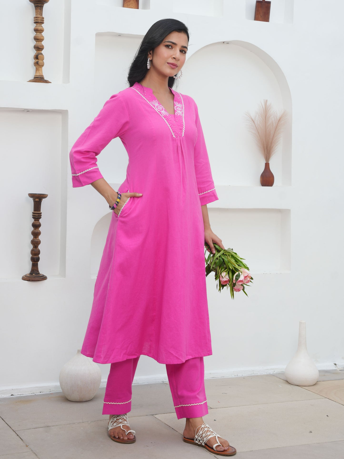 Embroidered Linen Cotton Solid Flared Pink Kurta
