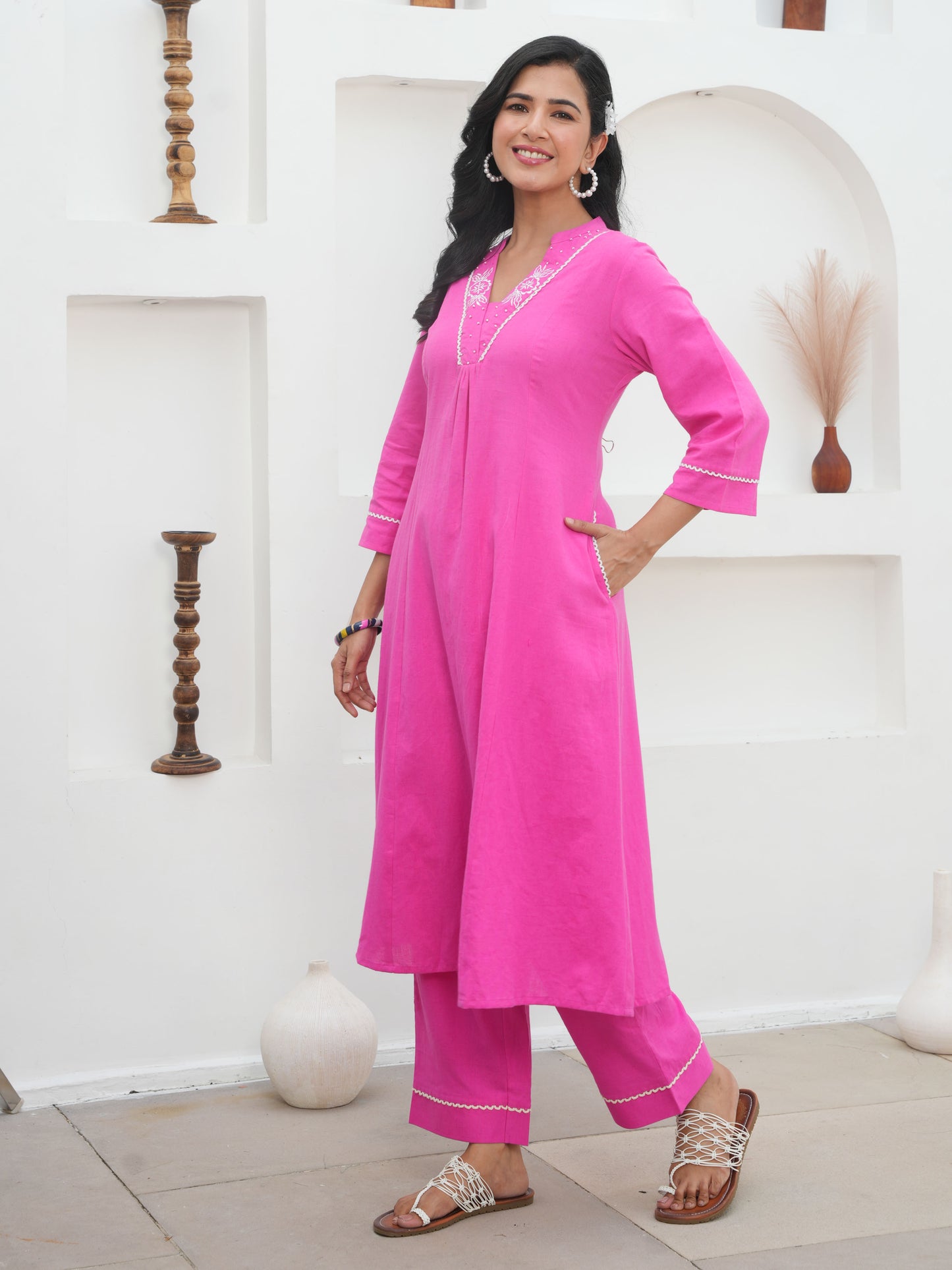 Embroidered Linen Cotton Solid Flared Pink Kurta
