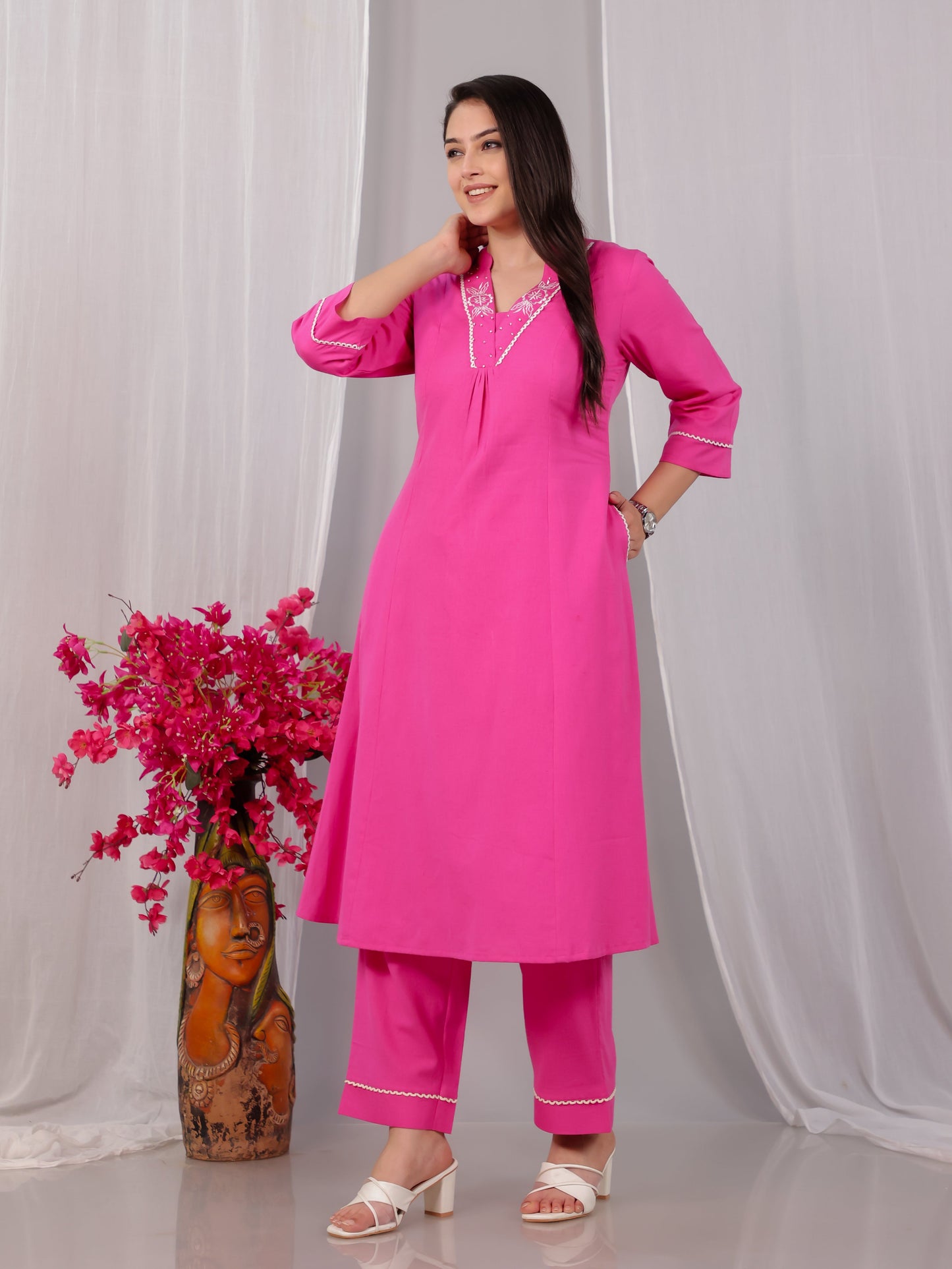 Embroidered Linen Cotton Solid Flared Pink Kurta