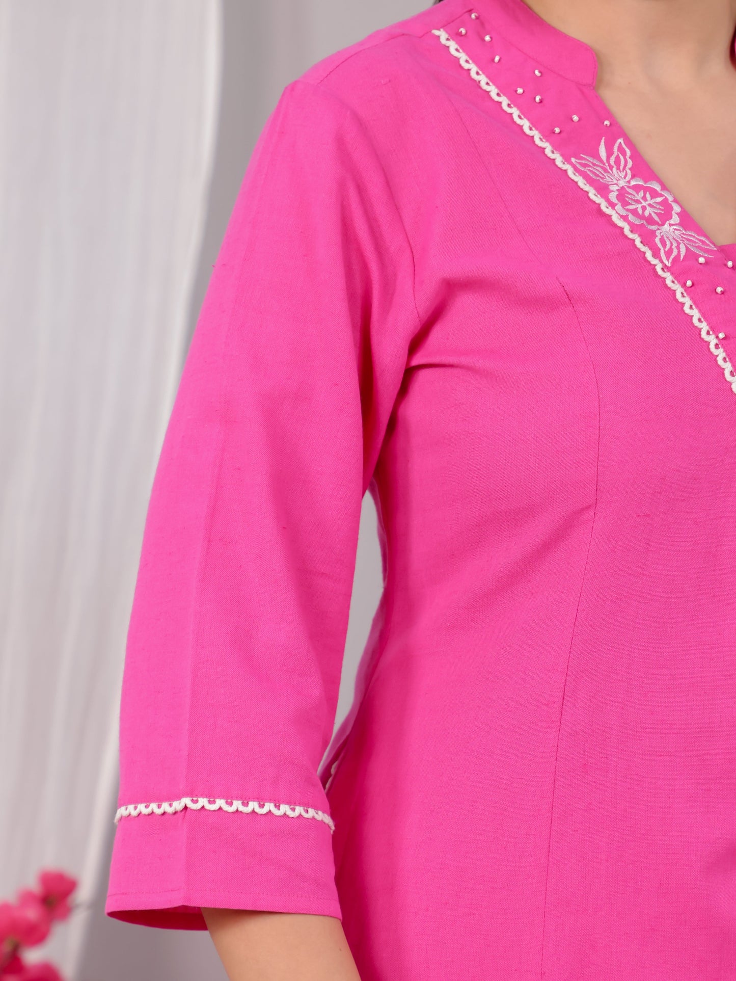 Embroidered Linen Cotton Solid Flared Pink Kurta