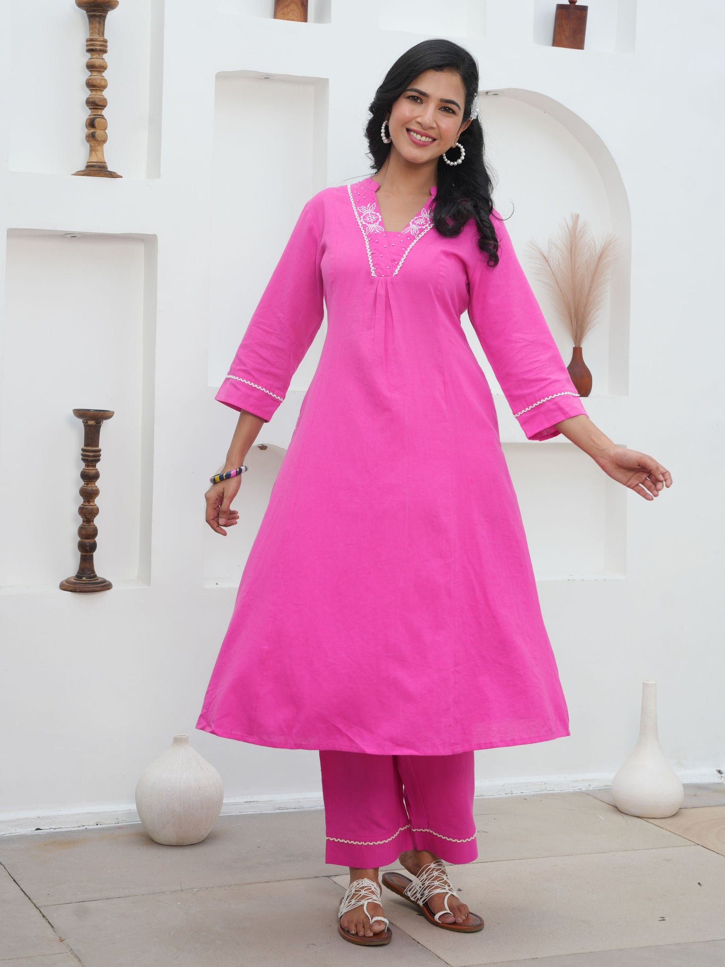 Embroidered Linen Cotton Solid Flared Pink Kurta