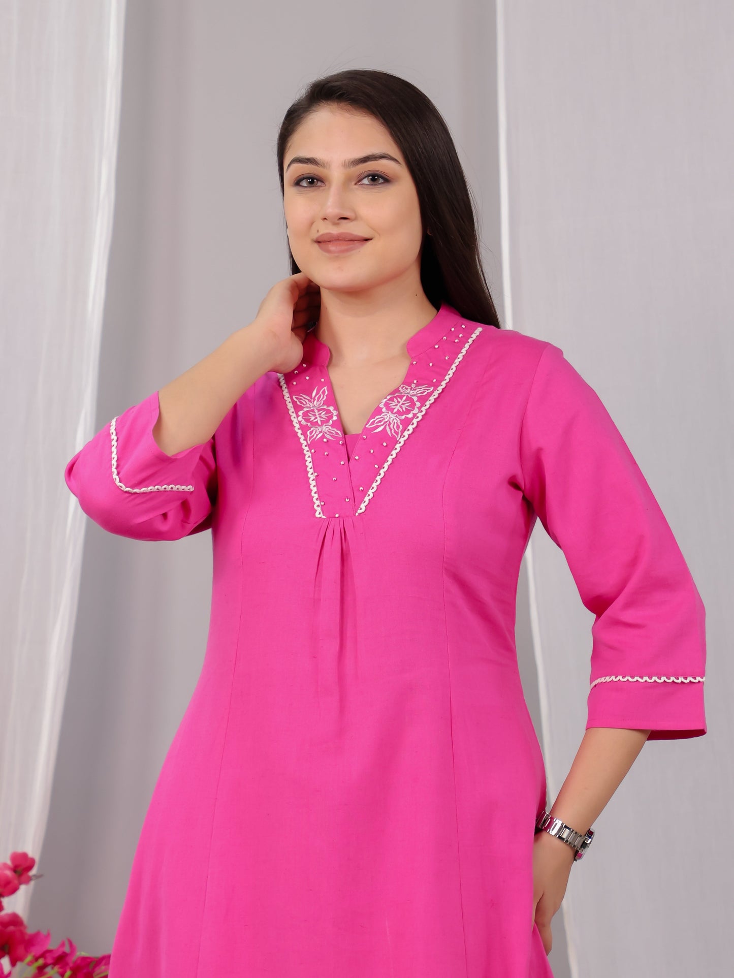 Embroidered Linen Cotton Solid Flared Pink Kurta