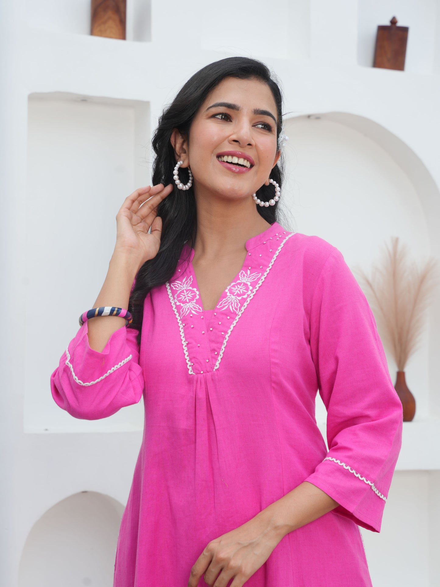 Embroidered Linen Cotton Solid Flared Pink Kurta