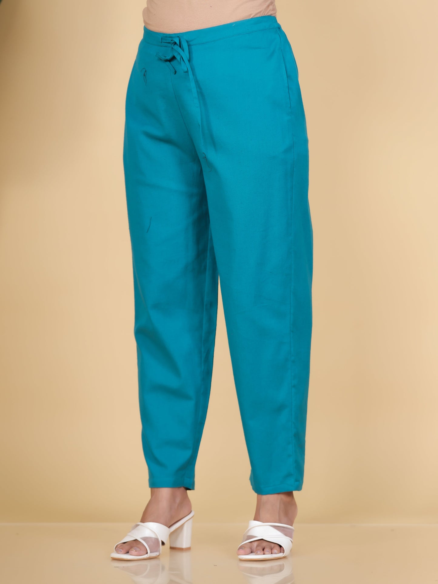 Embroidered Linen Cotton Solid Straight Teal Kurta