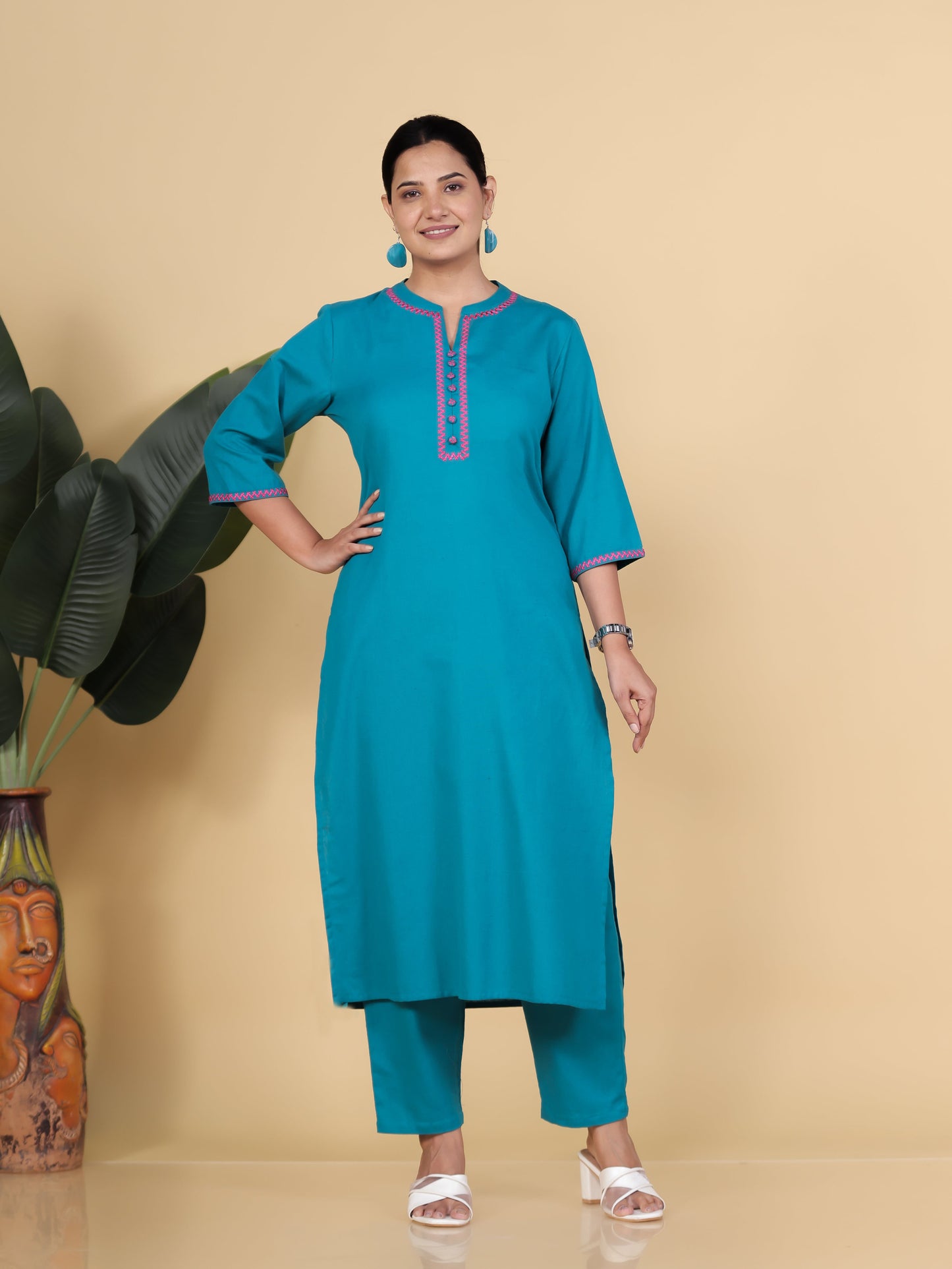 Embroidered Linen Cotton Solid Straight Teal Kurta