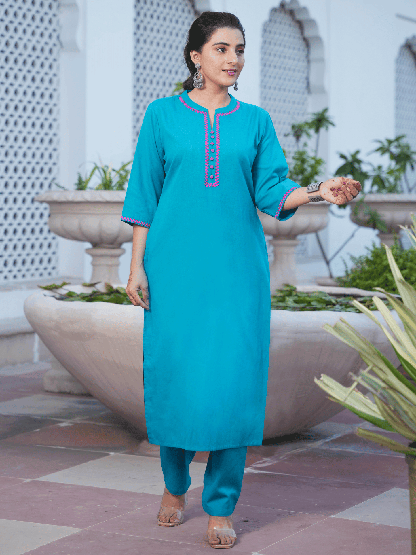Embroidered Linen Cotton Solid Straight Teal Kurta